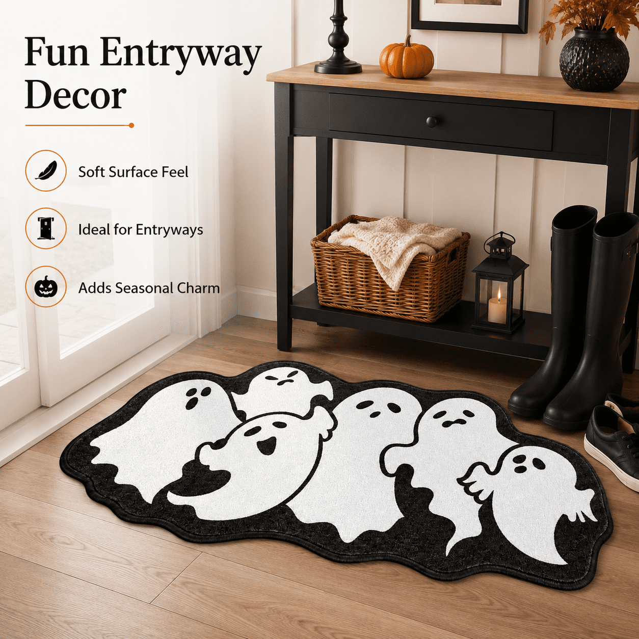 Halloween Ghost Cluster Shaped Welcome Doormat, Cute Ghost Floormat Non Slip Rubber Backing for Halloween Front Porch Entryway Room Decor,40x60cm