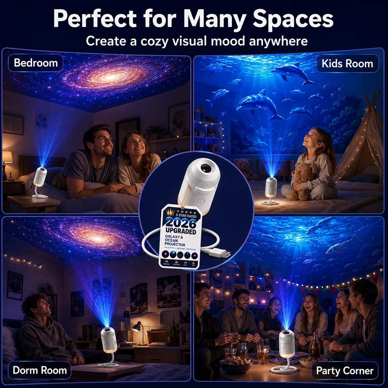 2026 New Upgraded 4K Smart Dynamic 5D Holographic Night Light Projector, 2-in-1 Galaxy & Ocean Star Ceiling Projector with 24 HD Films, 360° Flexible USB Powered Lamp for Bedroom Decor & Car GIft