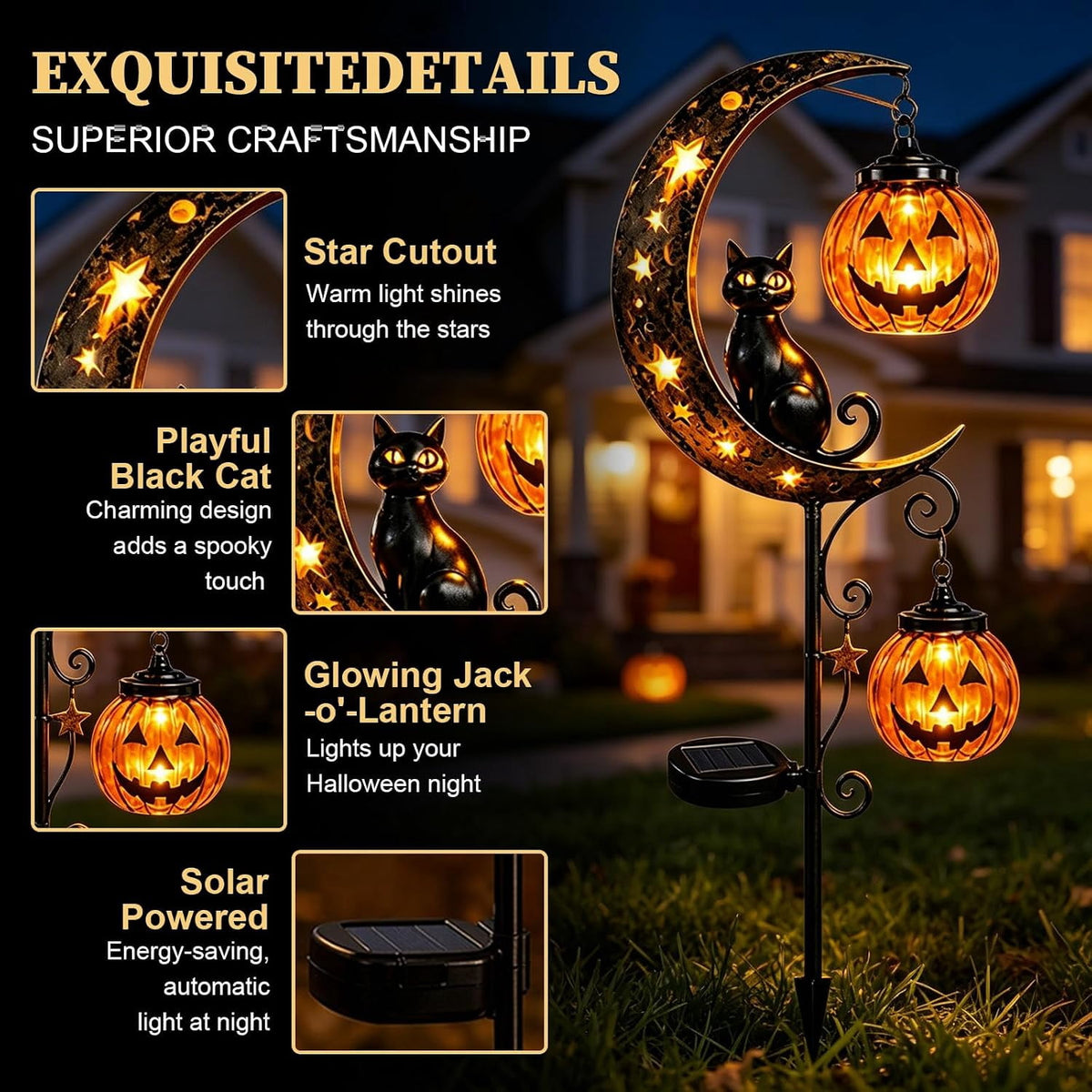 Solar Halloween Black Cat & Pumpkin Moon Garden Stake Light | Waterproof Metal Black Cat Yard Ornament, Auto On Off Solar Outdoor Light, Fall Halloween Decor Stake for Lawn Patio Pathway