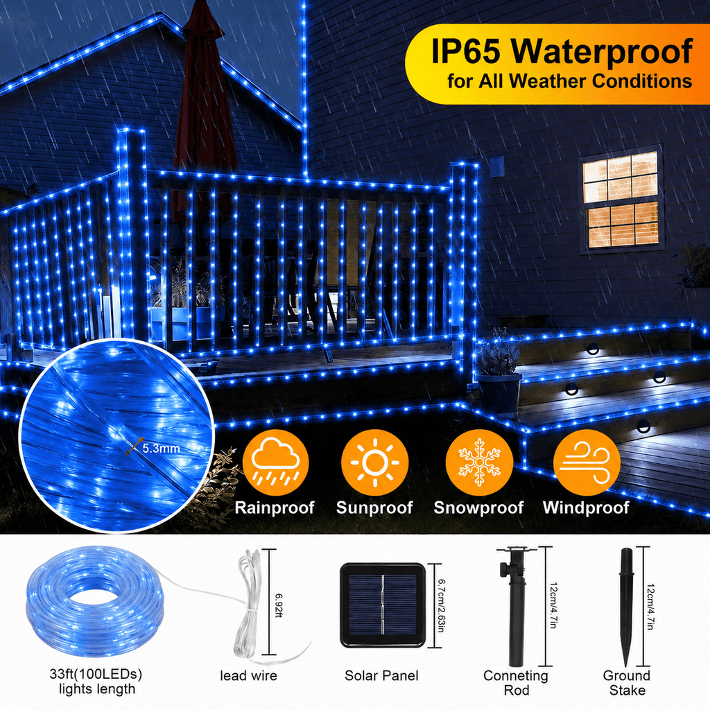 Solar Rope Lights Outdoor Waterproof 100LED Tube String Lights with USB Rechargeable Timer 8 Modes Dimmable Twinkle Fairy String Light for Trampoline Yard Pool Party Wedding Christmas