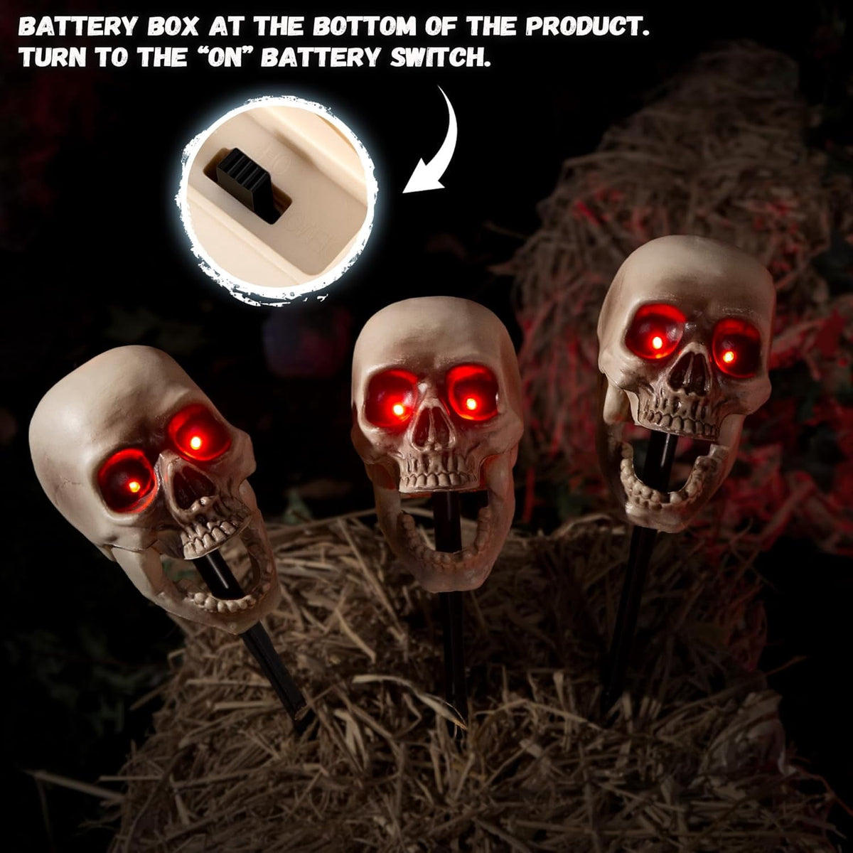 Halloween Animatronics Skull Stakes Pathway Markers, Hanging Animated Decorations, Floating Scary Skeleton with Sound Activated, Talking, Light Up Eyes, Haunted Horror Prop for Indoor, Outdoor (3Pack