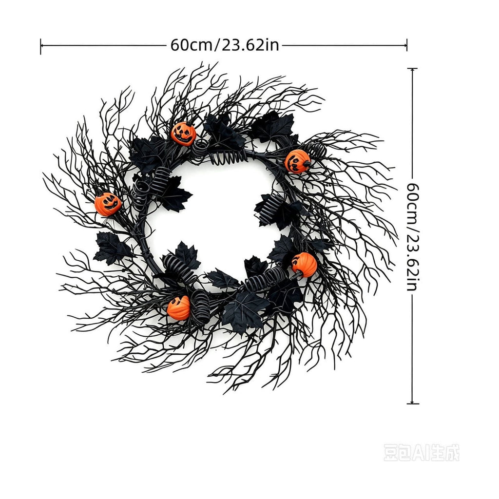 WWC Halloween Wreath, 18 inch Black Bats and Bare Branch Wreath, Gothic Halloween Decor Twig Wreath for Halloween Party Front Door Porch and Fireplace
