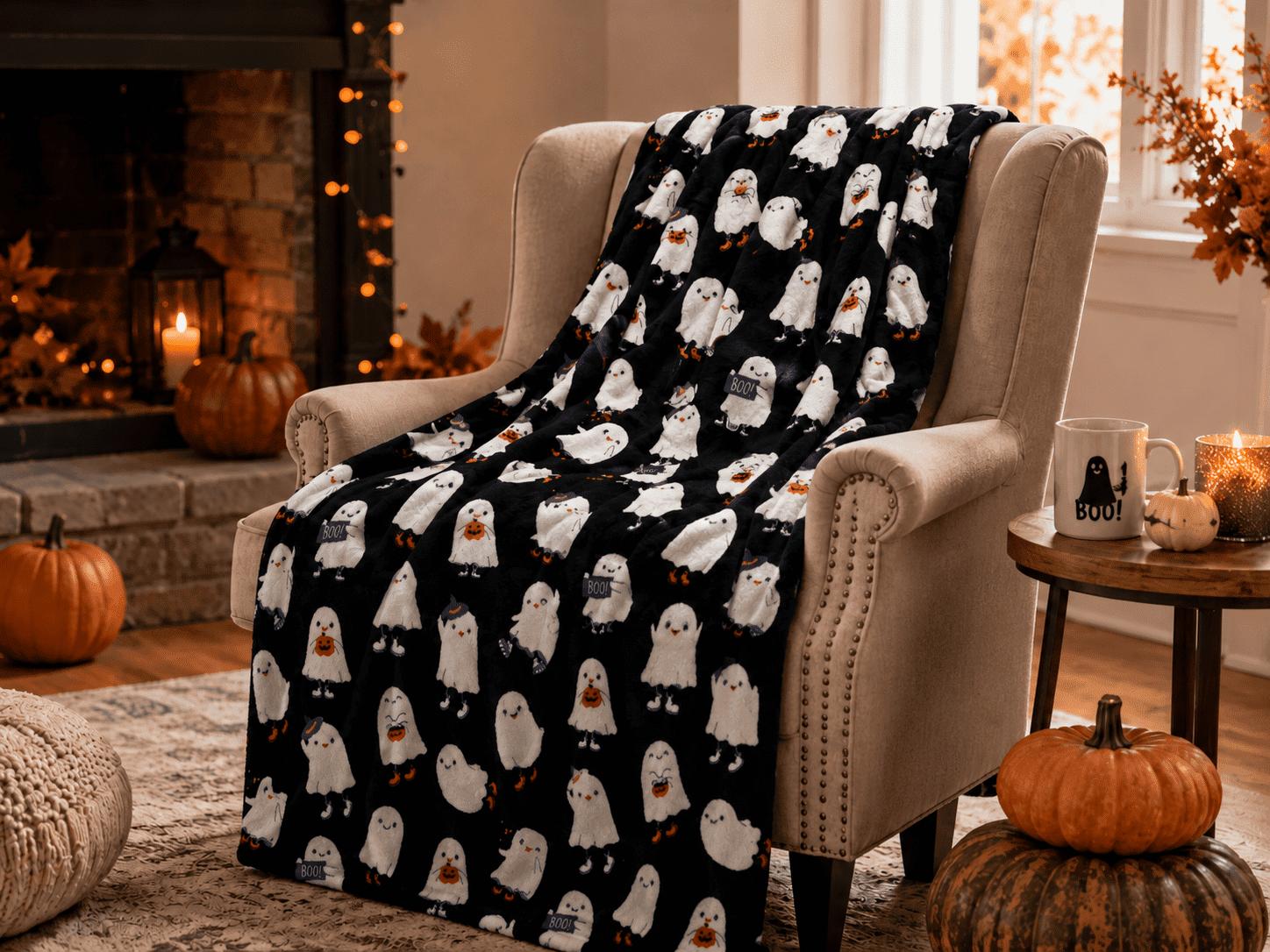 Serafina Home Halloween Throw Blanket: Fuzzy Boo! Jack O'Lantern Spider Webs Skull and Black Cats Print on Velvet Fleece for Sofa Bed Couch Chair Dorm