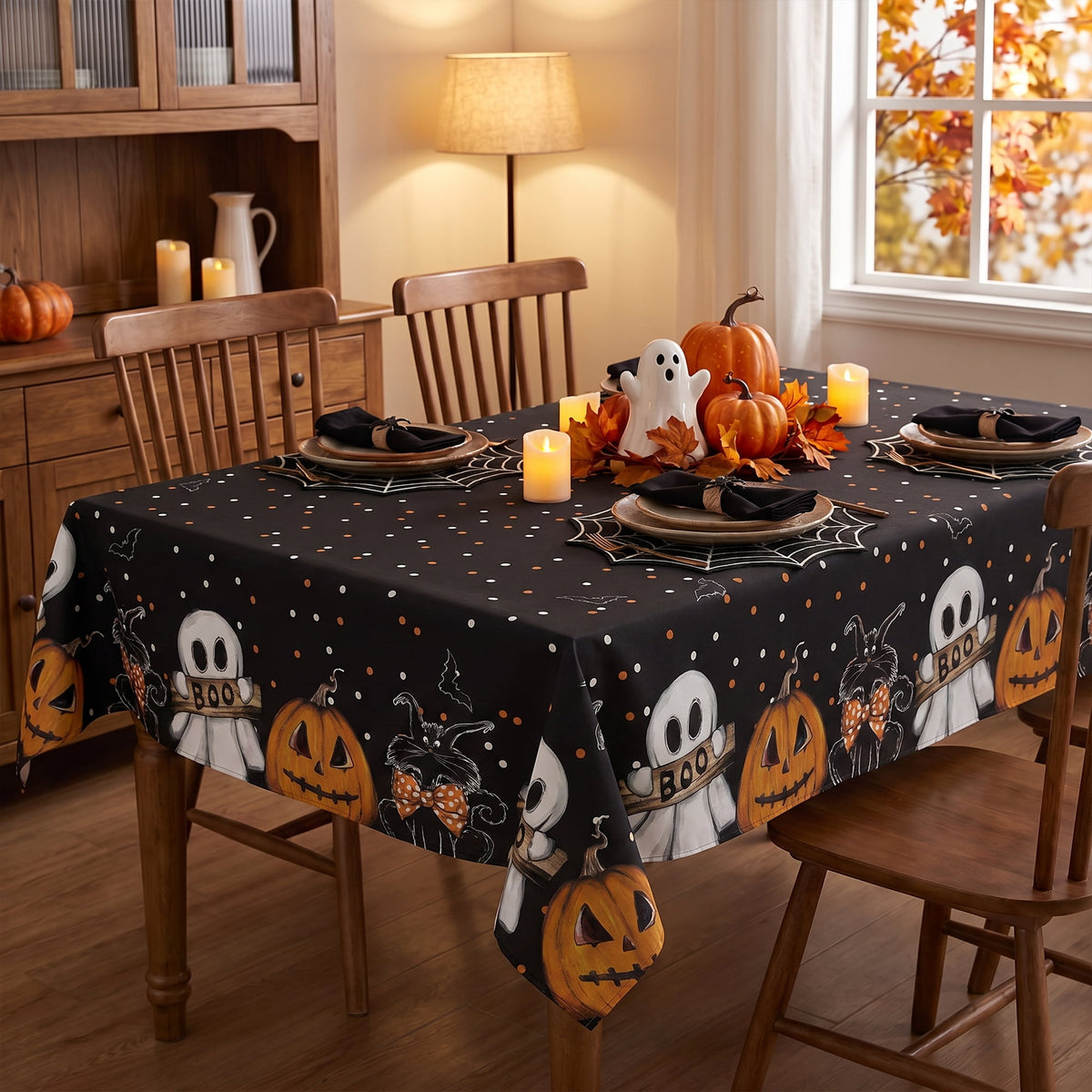 Sm:)e Ghost Cat Jack-O-Lantern Pumpkin Black Halloween Tablecloth 60 x 84 Inch, Wrinkle-Resistant & Machine Washable Table Cover for Dining Decor, Rectangle