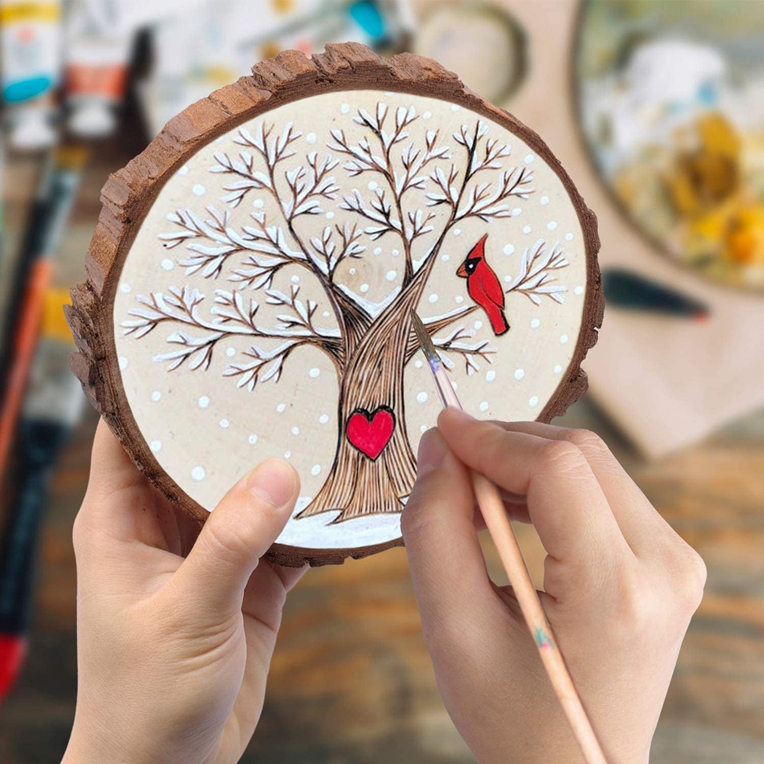 Fuyit Wood Slices 6 Pcs 6-6.3 inches Unfinished Natural Tree Slice Wooden Circle with Bark Log Discs for DIY Arts and Craft Wedding Christmas Ornaments