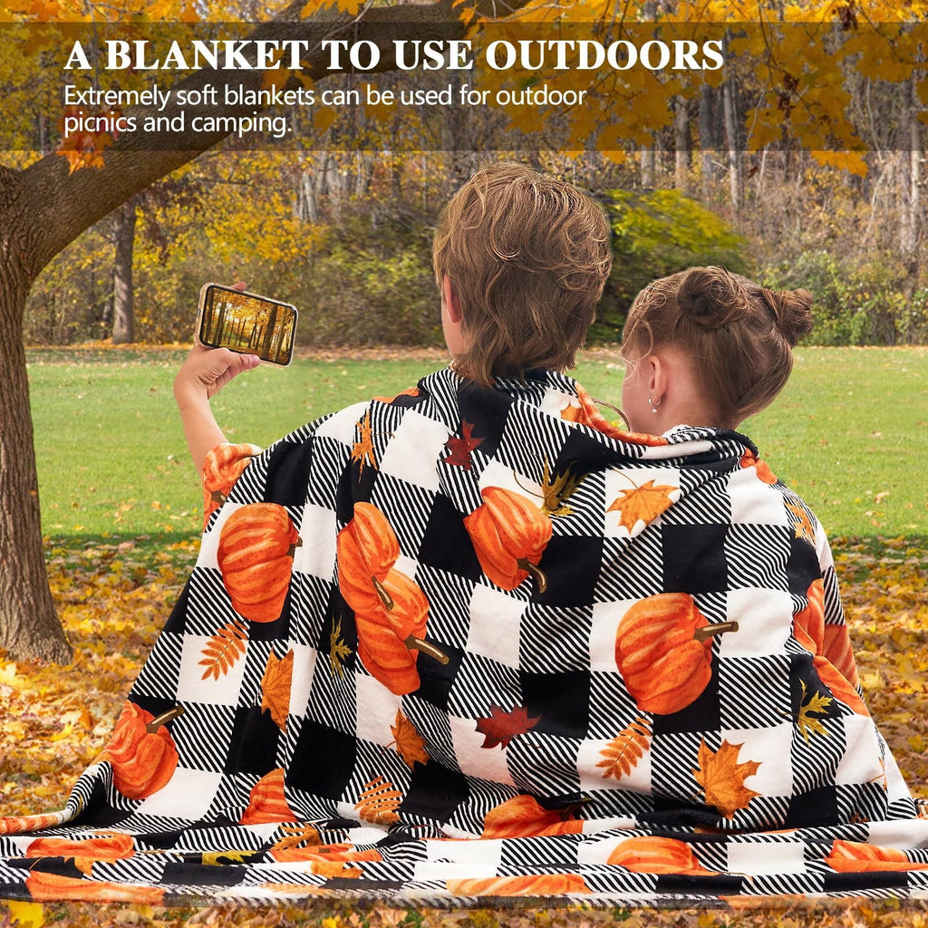 FastXmas Halloween Throw Blanket, 30"x40" Flannel Fleece Pumpkins Maple Checkered Plush Blanket, Soft Lightweight Skin-Friendly Fall Harvest Decorative Throw Blanket for Couch Sofa Bed Outdoor