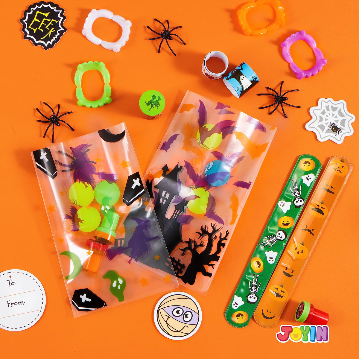Joyfy 168 Pcs Halloween Stationery Party Favors,Halloween Gifts for Kids,Halloween Goodies Including Halloween Vampire Teeth,Spiders,Stamps,Stickers,Slap Bracelets