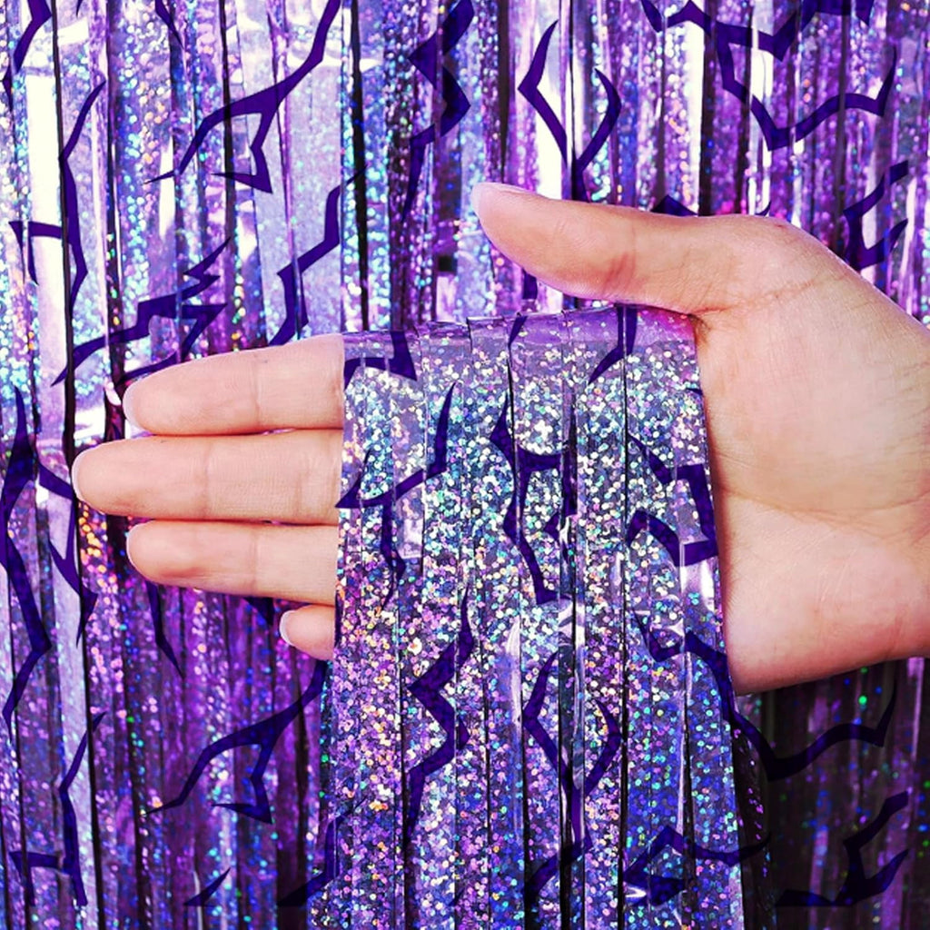 3PCS Foil Fringe Curtains Purple Gradient Holographic Backdrop with Demon Energy Pattern, 6.6ft Streamer Decorations for Birthday Graduation Bachelor Party