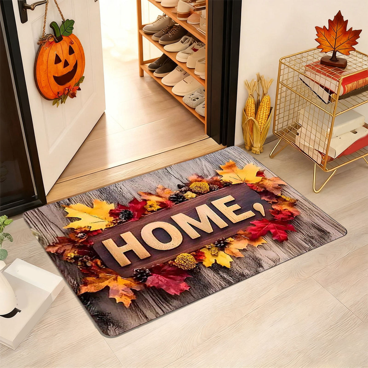 Fall Welcome Maple Leaves Decorative Doormat,Fall Pumpkins Maple Leafs Door mat Indoor Outdoor Entrance Floor Mat Non Slip Autumn Entry Mat for Thanksgiving Porch Front Door Decor 23.62*15.75in（A）