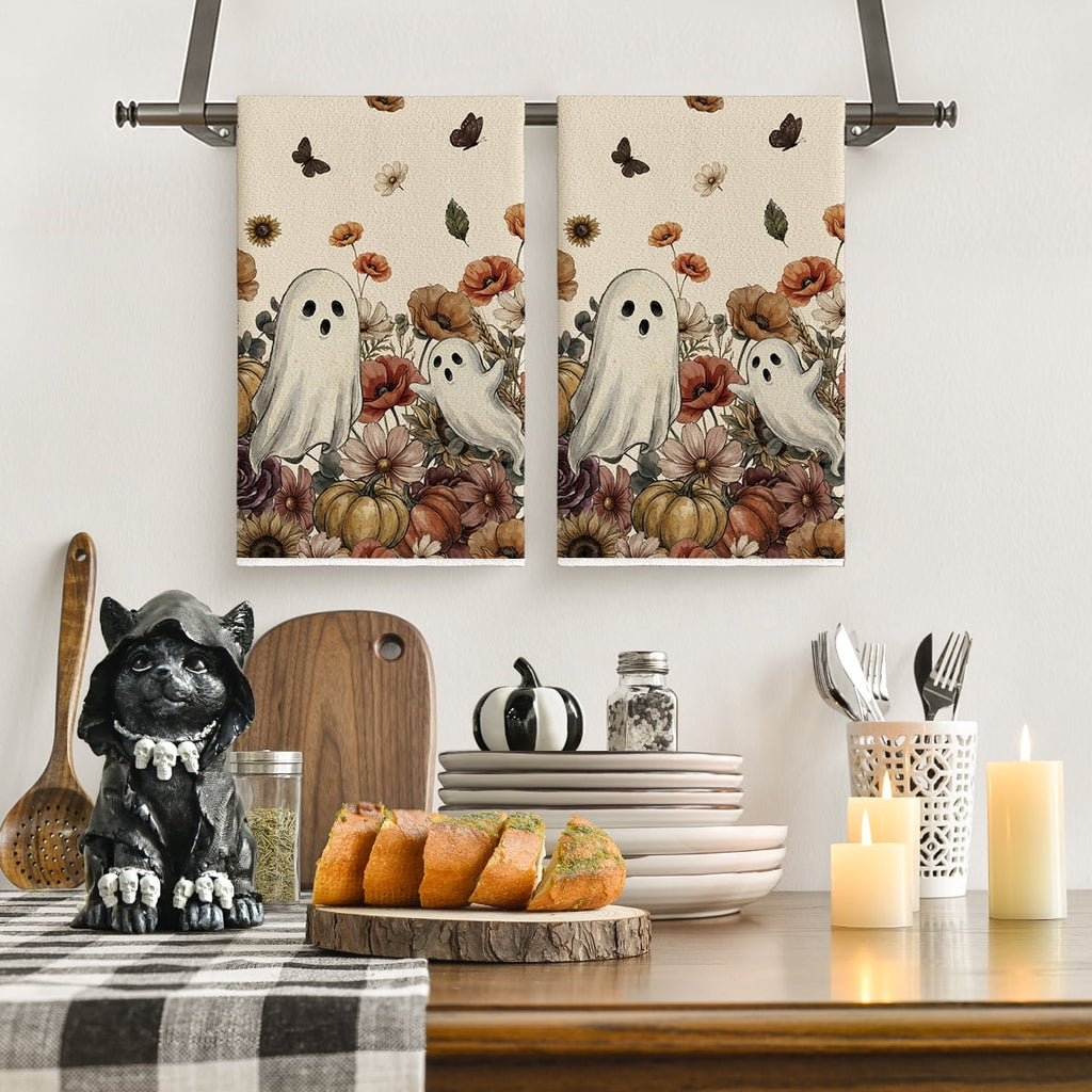 Sm:)e Ghost Pumpkins Bats Floral Spooky Halloween Kitchen Towels Dish Towels, 18x26 Inch Jack-O'-Lantern Decoration Hand Towels Set of 2