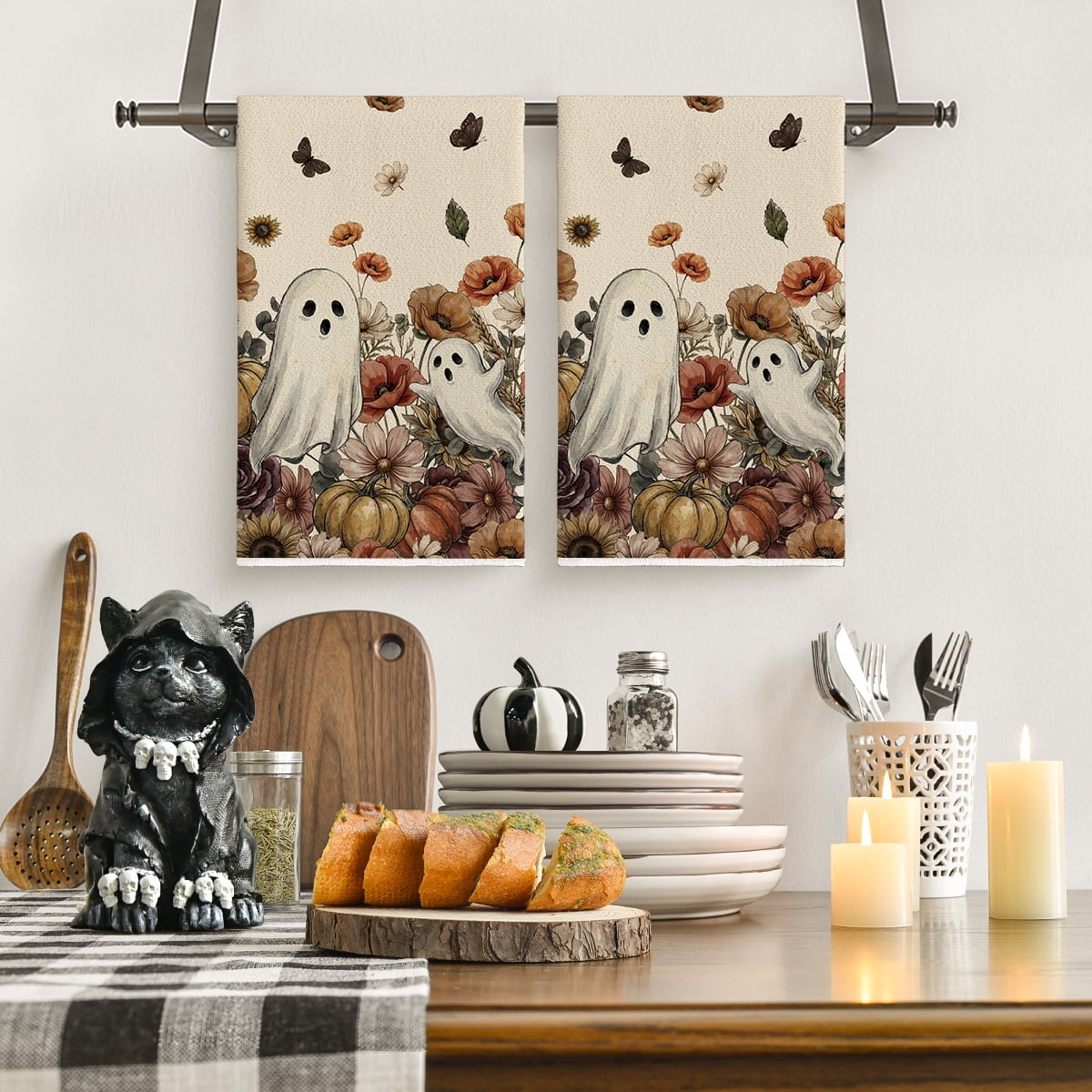 Sm:)e Ghost Pumpkins Bats Floral Spooky Halloween Kitchen Towels Dish Towels, 18x26 Inch Jack-O'-Lantern Decoration Hand Towels Set of 2