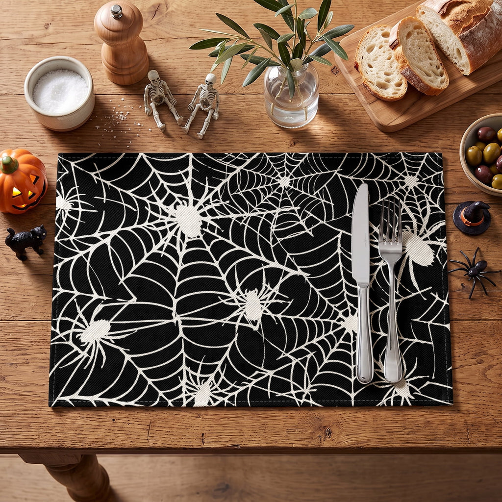 Smile Jack-O'-Lantern Spider Web Halloween Table Placemats Set of 4 Round 15 Inch Black