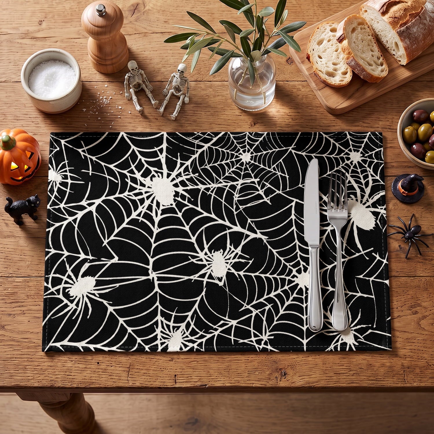 Smile Jack-O'-Lantern Spider Web Halloween Table Placemats Set of 4 Round 15 Inch Black