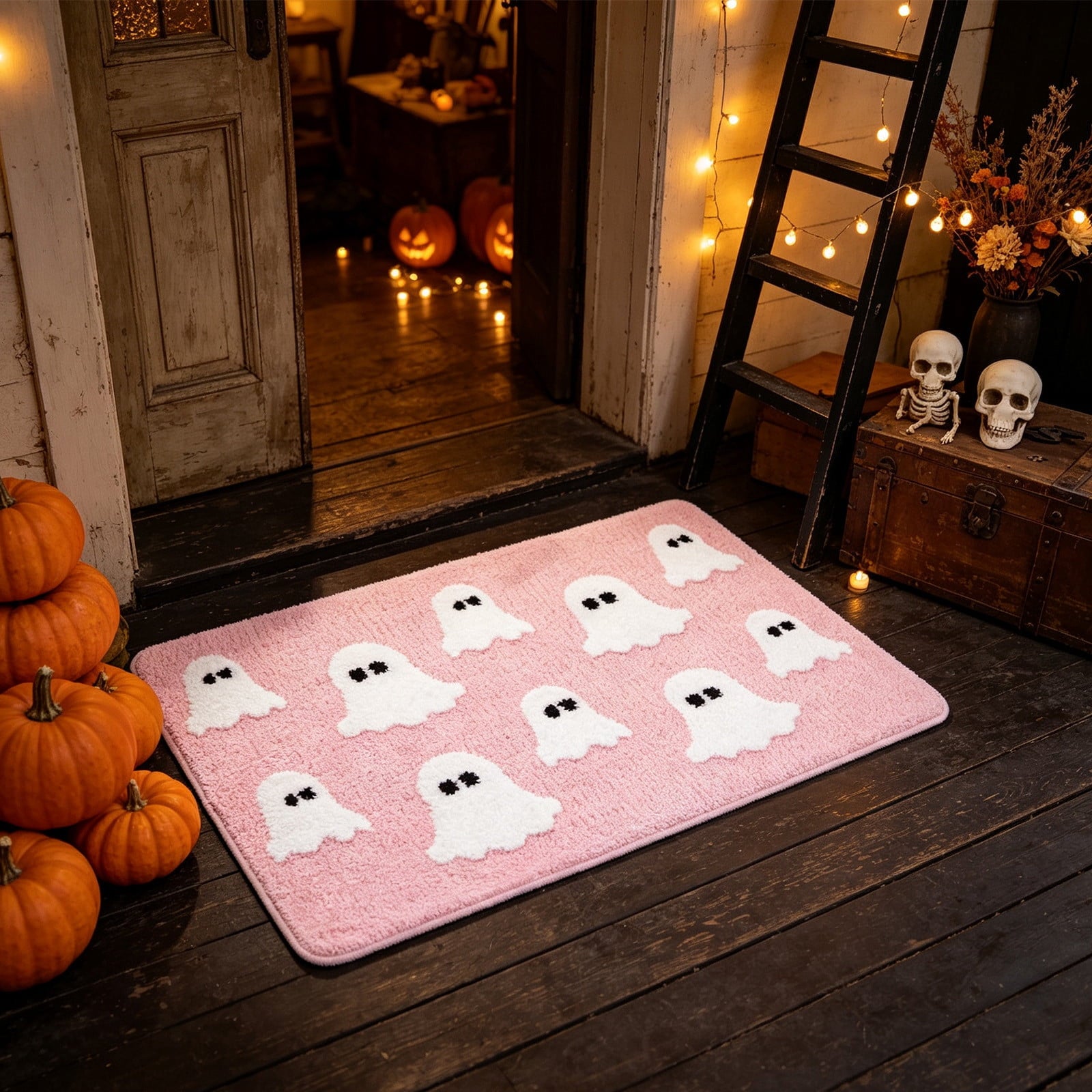 Halloween Doormat Ghost Bath Mat 23.6x15.7in Secure-Grip Absorbent Soft Faux Fur Rug for Bathroom Bedroom Living Room Decor by OVFUIZ
