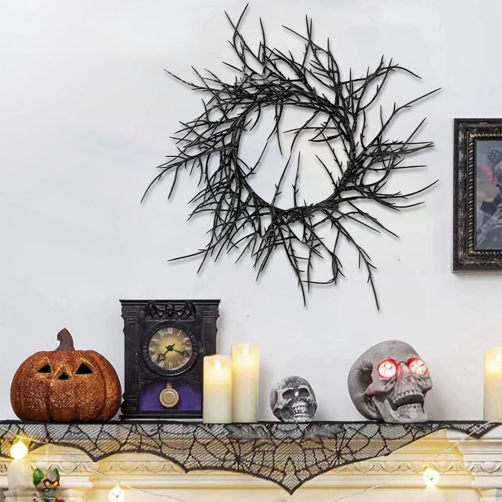 Boovnll Halloween Wreath, 18" Horror & Novelty Handmade Black Twig Glitter Bats Halloween Wreaths for Front Door Fireplace Wall Porch Party Decor, Halloween Decorations