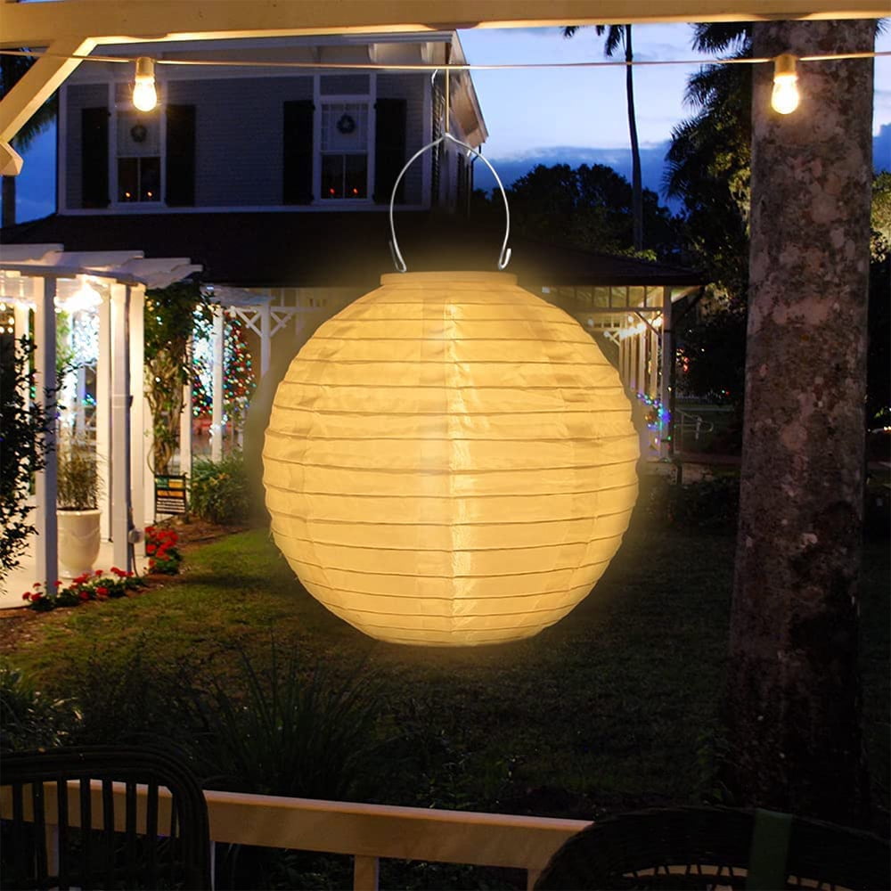 Lampions Solar Outdoor,Sky 2 Pieces Solar LED Lantern Waterproof Nylon Hanging Garden Lantern 25cm Solar Lighting for Garden, Courtyard, Terrace, Wedding, Halloween Fest Decoration (White)