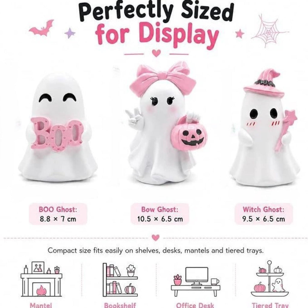 Pink Halloween Decor Ghost Candy Bowl Figurine with Bow and Scalloped Holder for Indoor Tabletop Decor and Party Favor Display