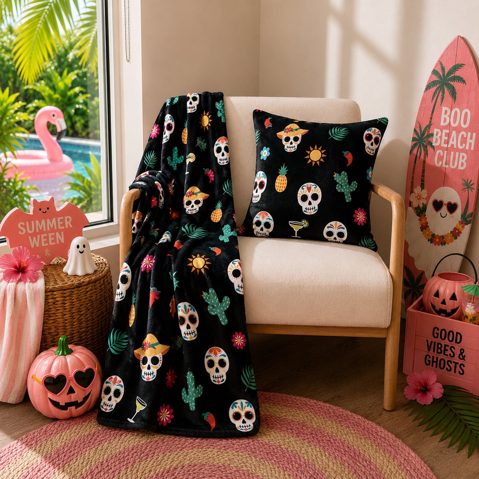 Summerween 18"x18" Plush Decorative Pillow, Vacation Ghosts