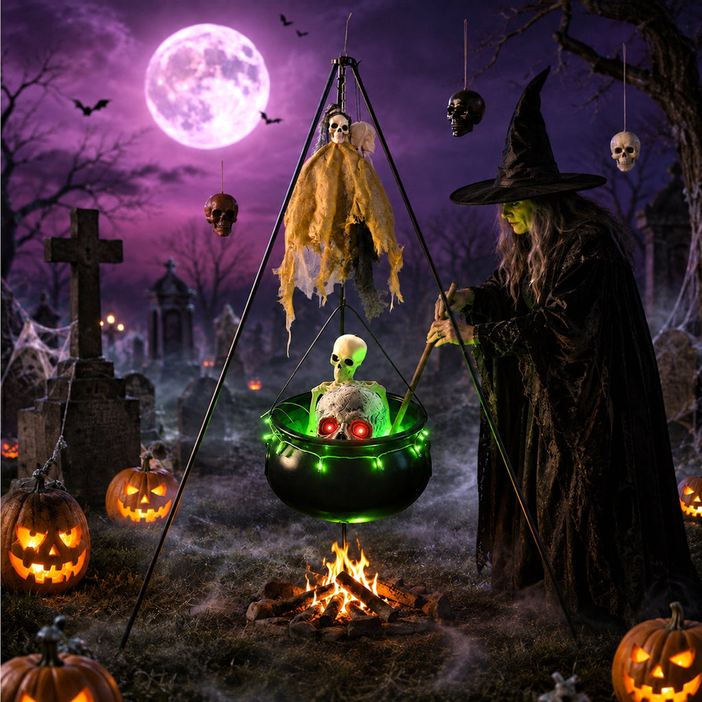 Halloween Decorations Bundle - 78cm/30.7" Witches Cauldron on 54" Tripod with Green LED Lights, 3pcs 40cm Skeleton, 60cm Skeleton, Skull Ornament, 4 Hooks - Indoor Outdoor Yard Porch Party Supplies