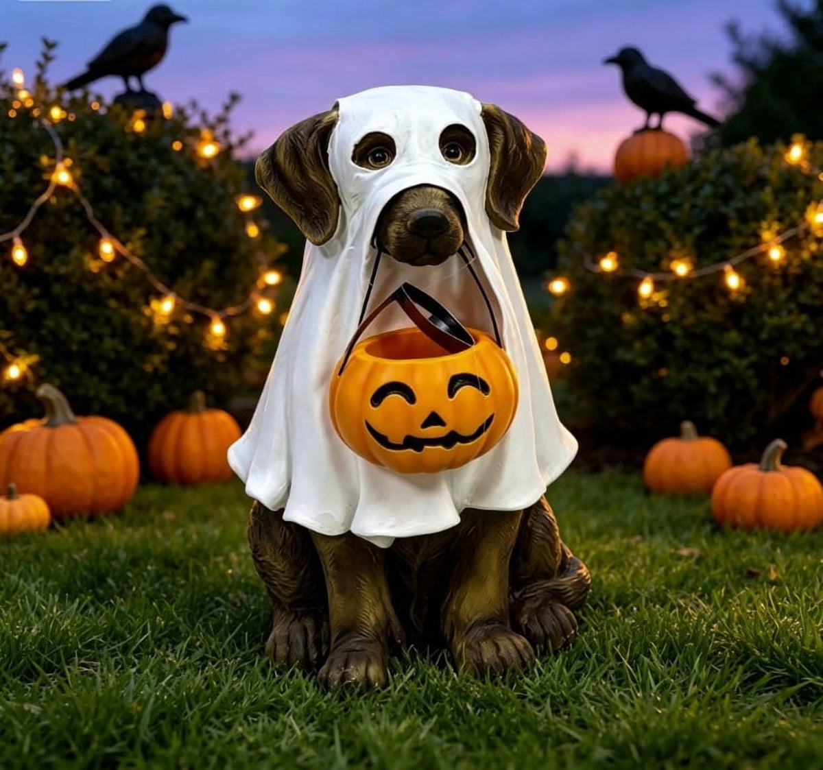 Clearance Halloween Schnauzer Bat Figurine with Ghost Bucket, 8 inch Resin Cute Dog Gifts Tabletop Decor