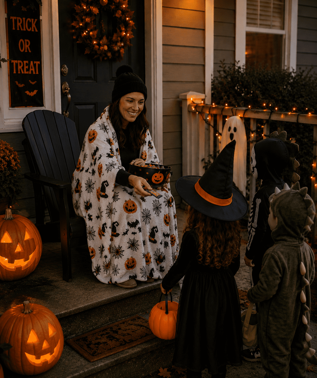Serafina Home Halloween Throw Blanket: Fuzzy Boo! Jack O'Lantern Spider Webs Skull and Black Cats Print on Velvet Fleece for Sofa Bed Couch Chair Dorm
