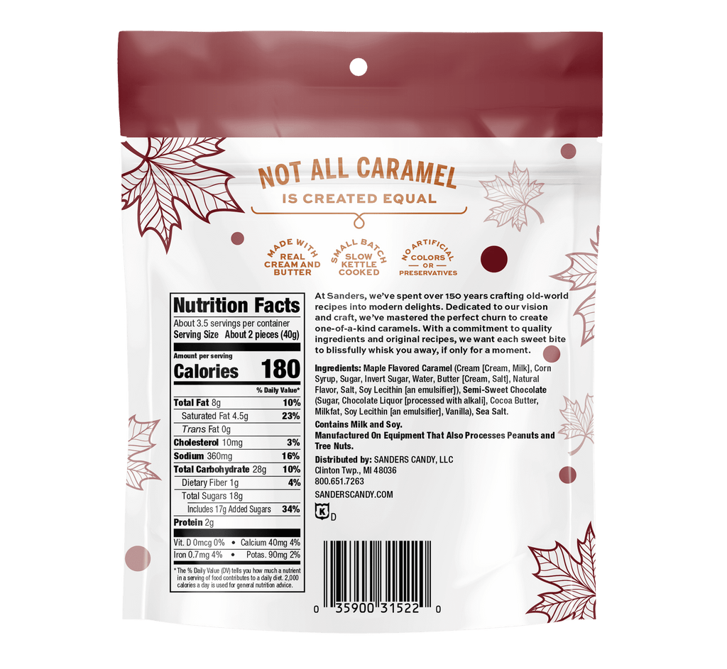 Sanders Dark Chocolate Covered Maple Flavored Sea Salt Caramels, 5 oz Bag