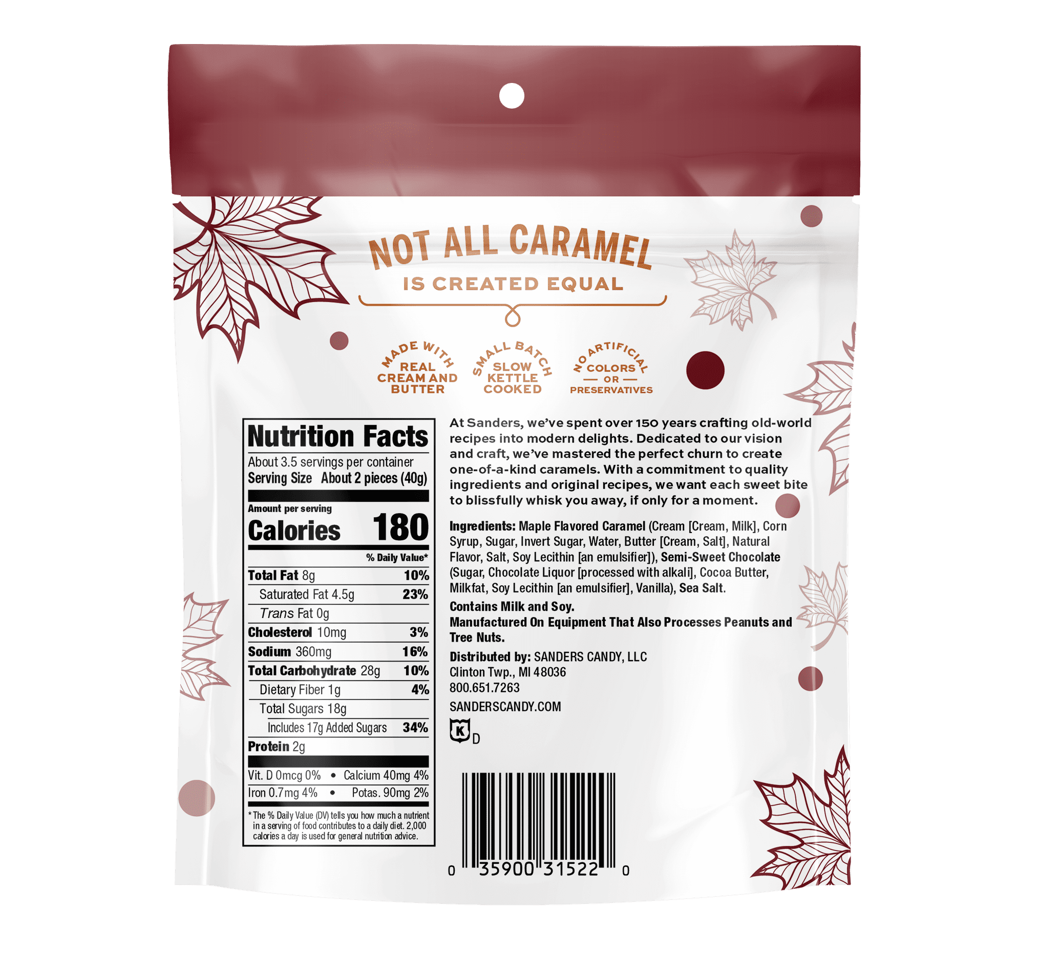 Sanders Dark Chocolate Covered Maple Flavored Sea Salt Caramels, 5 oz Bag