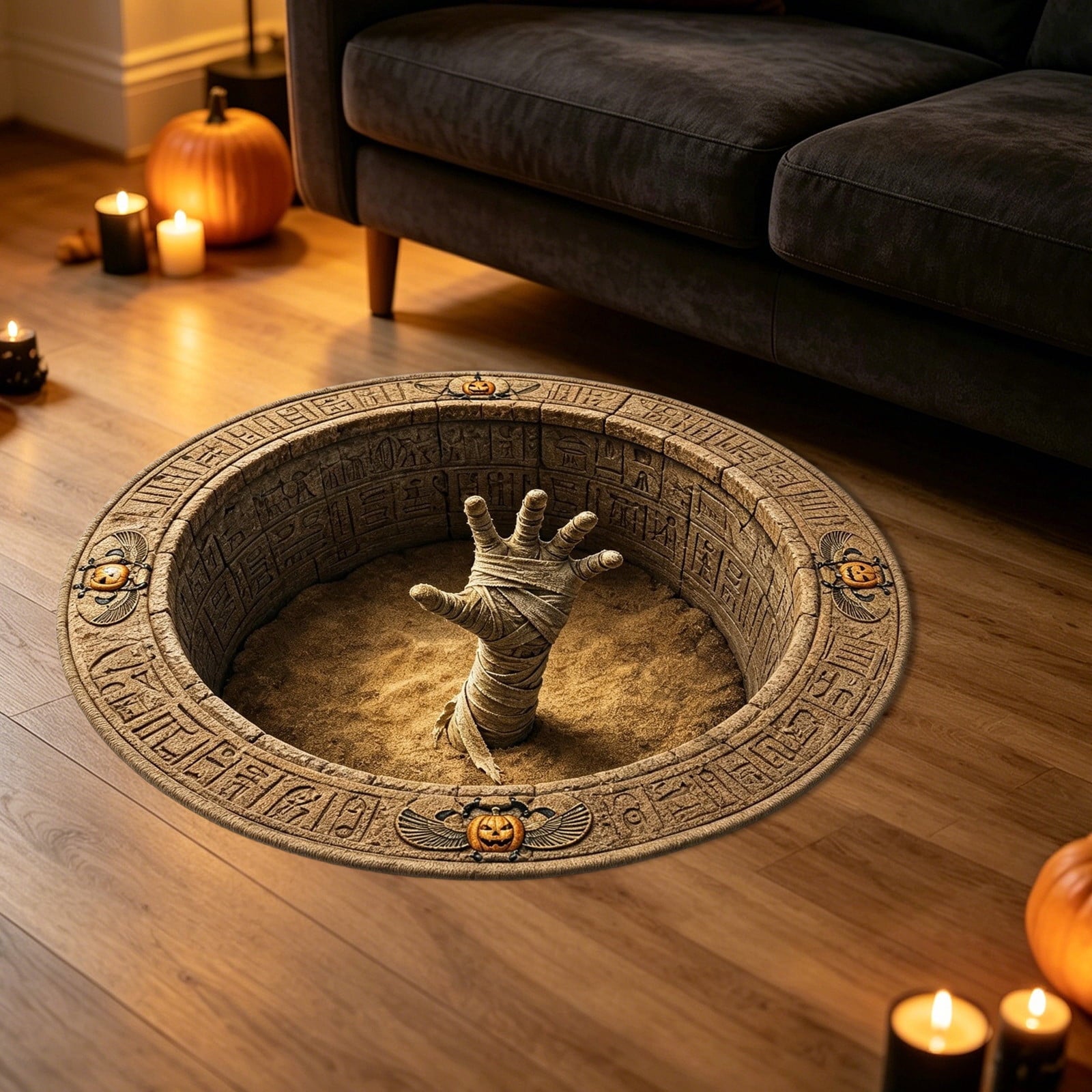 3D Optical Illusion Halloween Round Doormat,Vortex Tunnel Optical Illusion Printing Design,Giant Furry Red-Eyed Black Spider and White Spider Web,24"