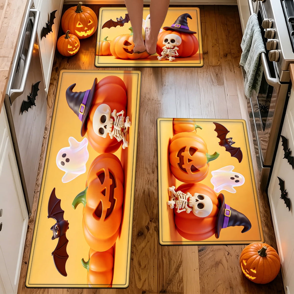 YIMEIS Halloween Neon Pumpkin Lanterns 3Pcs Flannel Mat & Kitchen Rugs Set,Soft Non-slip,16''×24'' 20''×30'' 17''×47'' Inches,for Entryway Bathroom