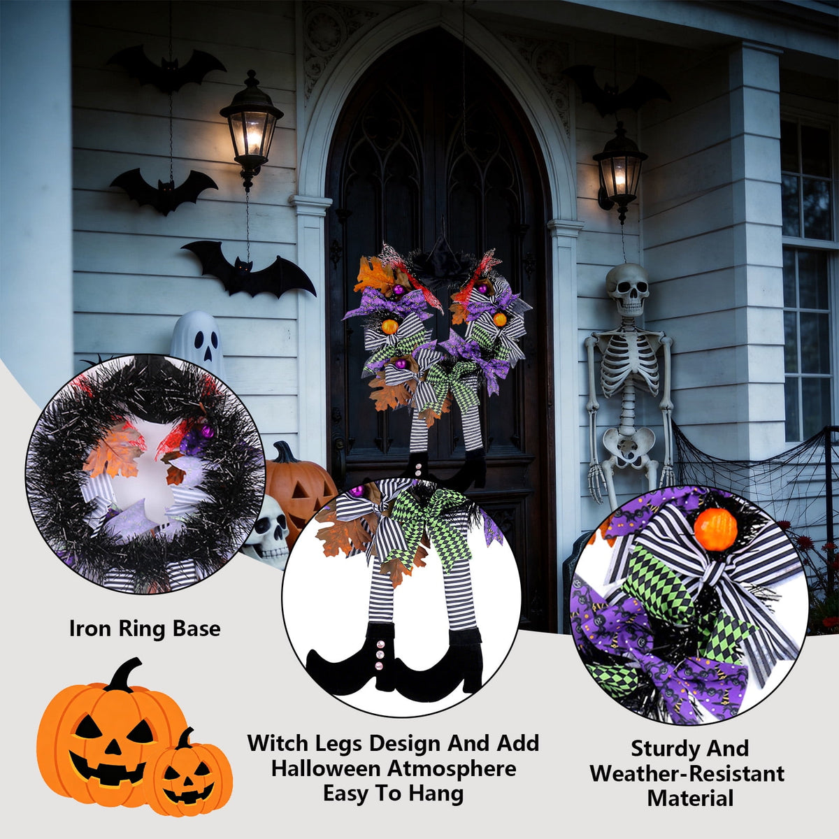 AGCAN 27 Inch Halloween Wreaths for Front Door, Unlit Halloween Wreaths with Witch Hat & Legs, Halloween Decorations for Home, Porch, Window, Indoor, Wall Decor