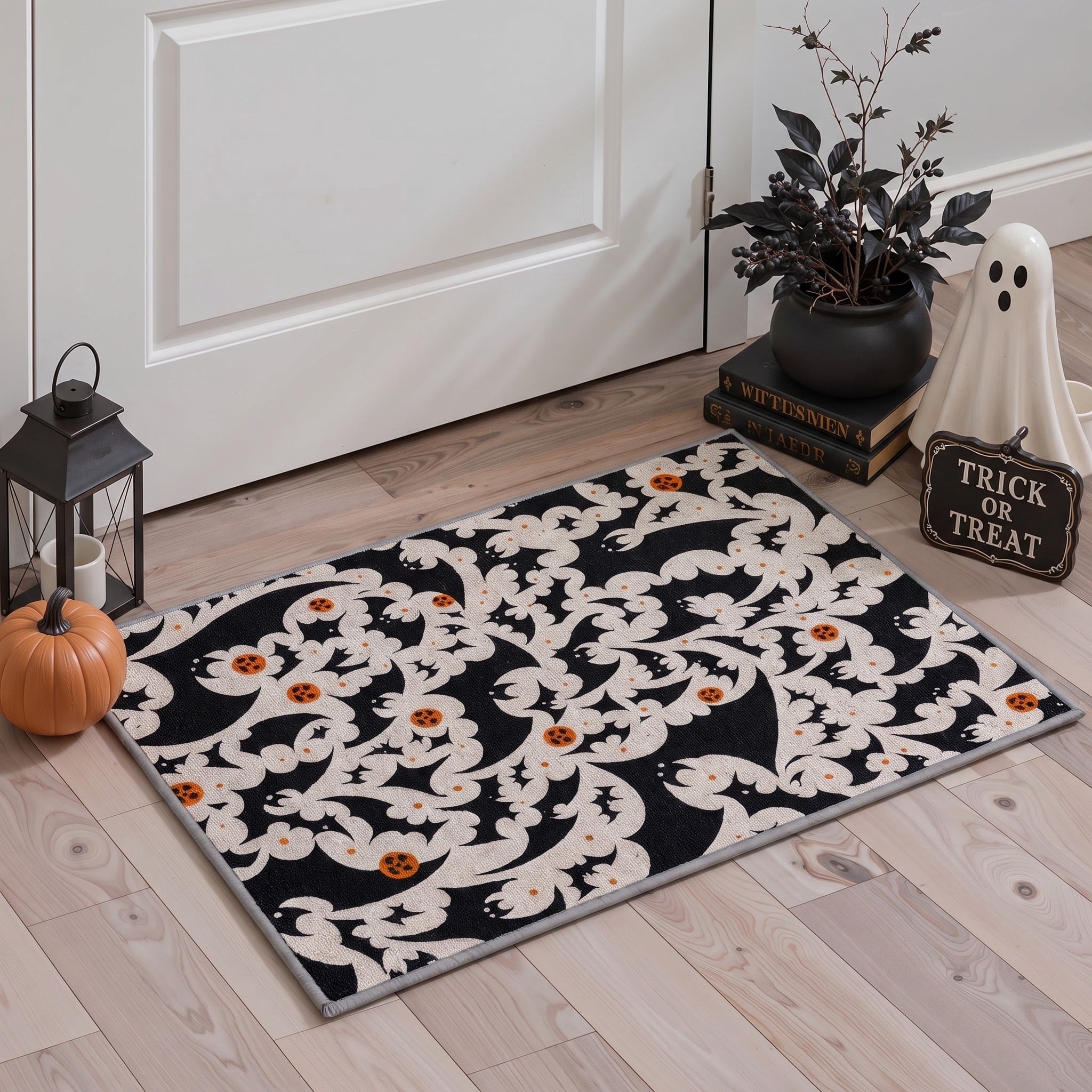 GENIMO 2'x3' Halloween Doormat, Washable Non Slip Soft Whimsical Cat Outdoor Door Mat for Front Door Covered Porch Patio Entryway, Vintage Black