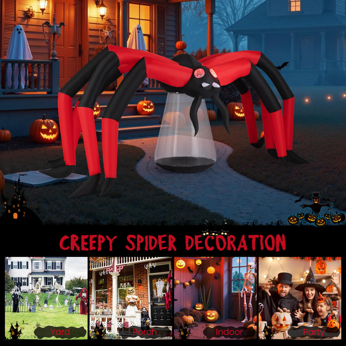 Costway 5 FT Halloween Inflatable Spider with Red Tunnel Light Eyes Ground Stakes for Lawn