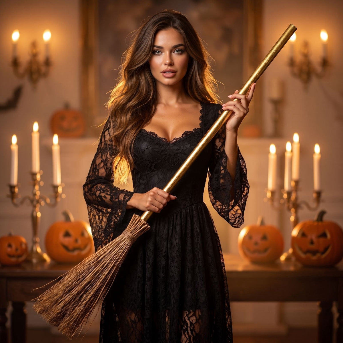 Halloween Witch Broom Cane with Ribbons, 38.2" Witches Broomstick for Wizard Costume Party, Photo Booth Accessory Stage Prop, Halloween Decoration, D