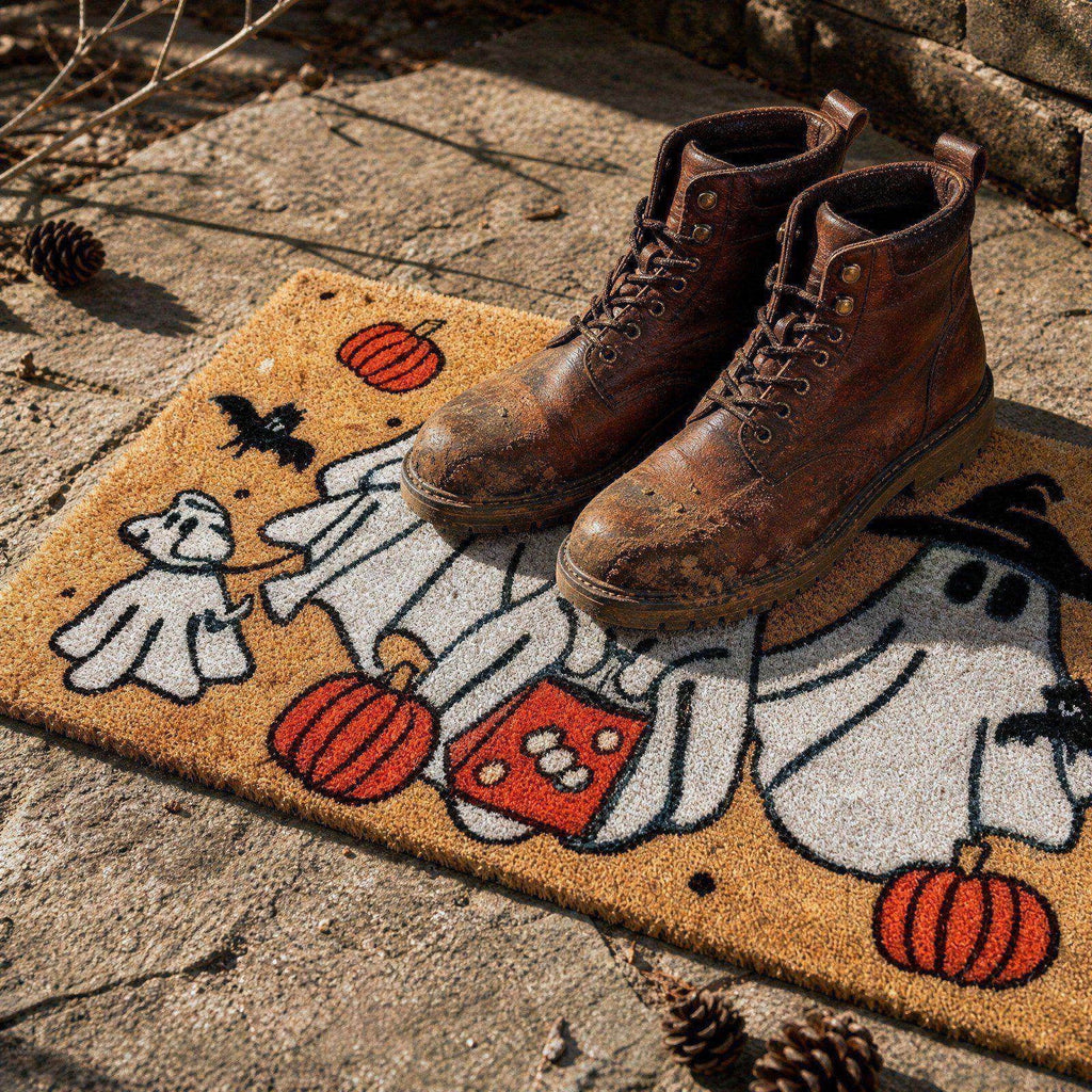 Lypsnake Patchwork Ghost Shaped Doormat,Vintage Stitched Fluffy Fabric Ghost Mat, Halloween Floor Carpet for Front Door Entrance Shower Room Fireplace Farmhouse Layout