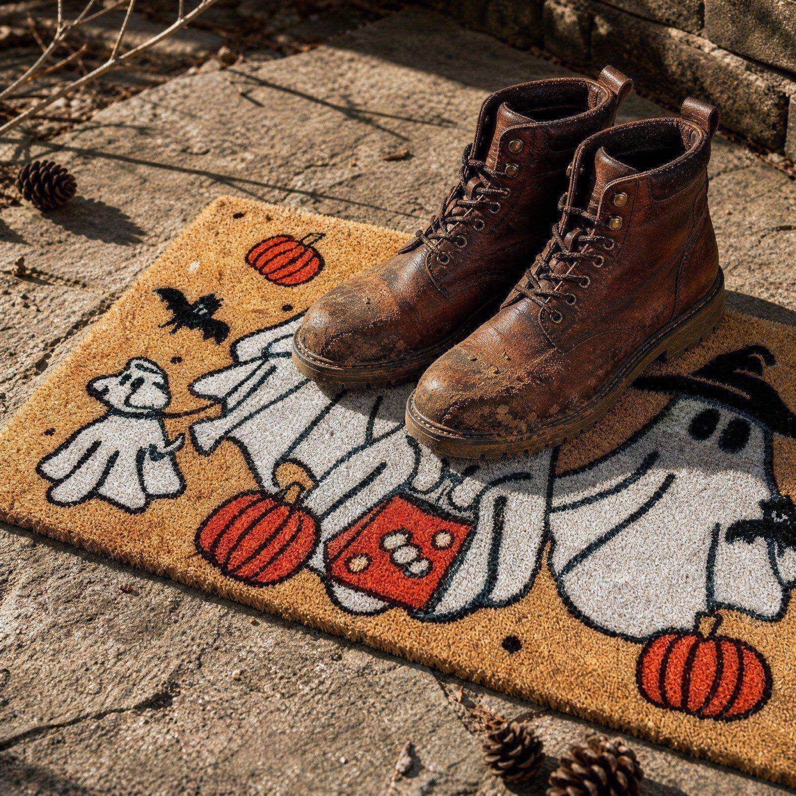 Lypsnake Patchwork Ghost Shaped Doormat,Vintage Stitched Fluffy Fabric Ghost Mat, Halloween Floor Carpet for Front Door Entrance Shower Room Fireplace Farmhouse Layout