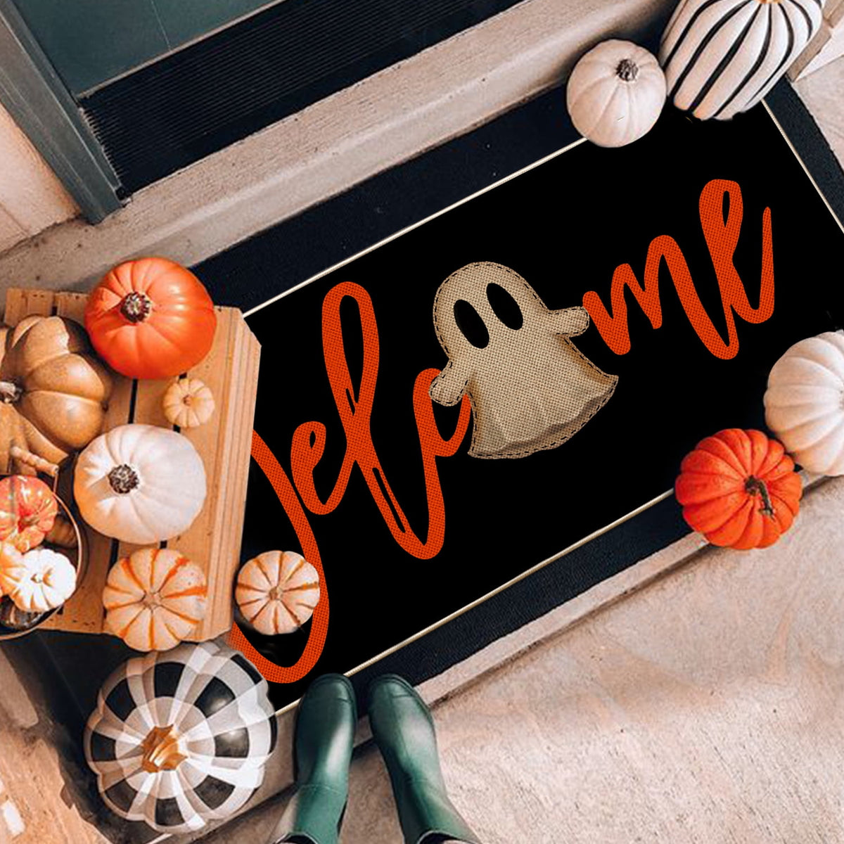Sm:)e Polka Dot Black Cat, Jack-O'-Lantern, Ghost Halloween Welcome Doormat, 17x29 Inch