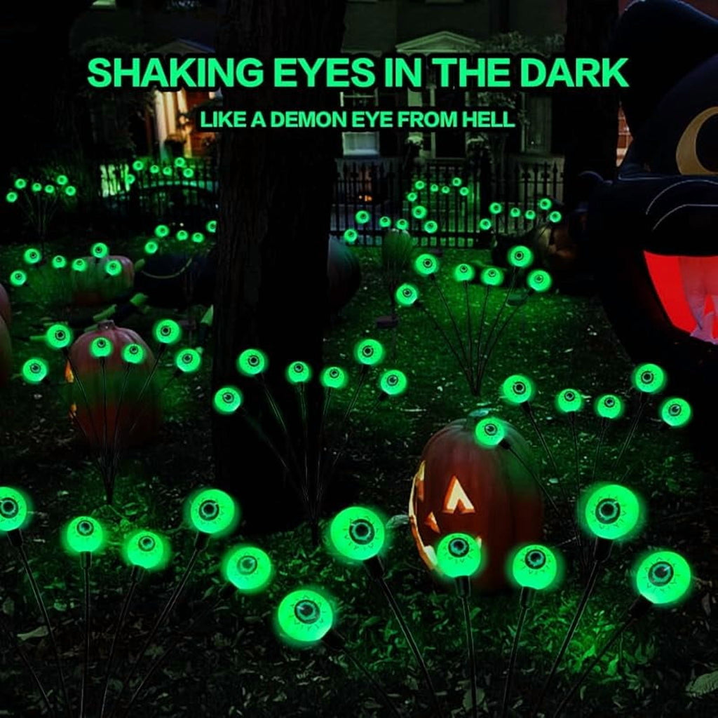 Halloween Decoration Outdoor Solar Horror Eyeball Lights, 2 Pack 12 LED Green Eyeball Swinging Firefly Lights, Waterproof Solar Halloween Street Lights Suitable for Courtyard/Garden/Lawn/Party Decora