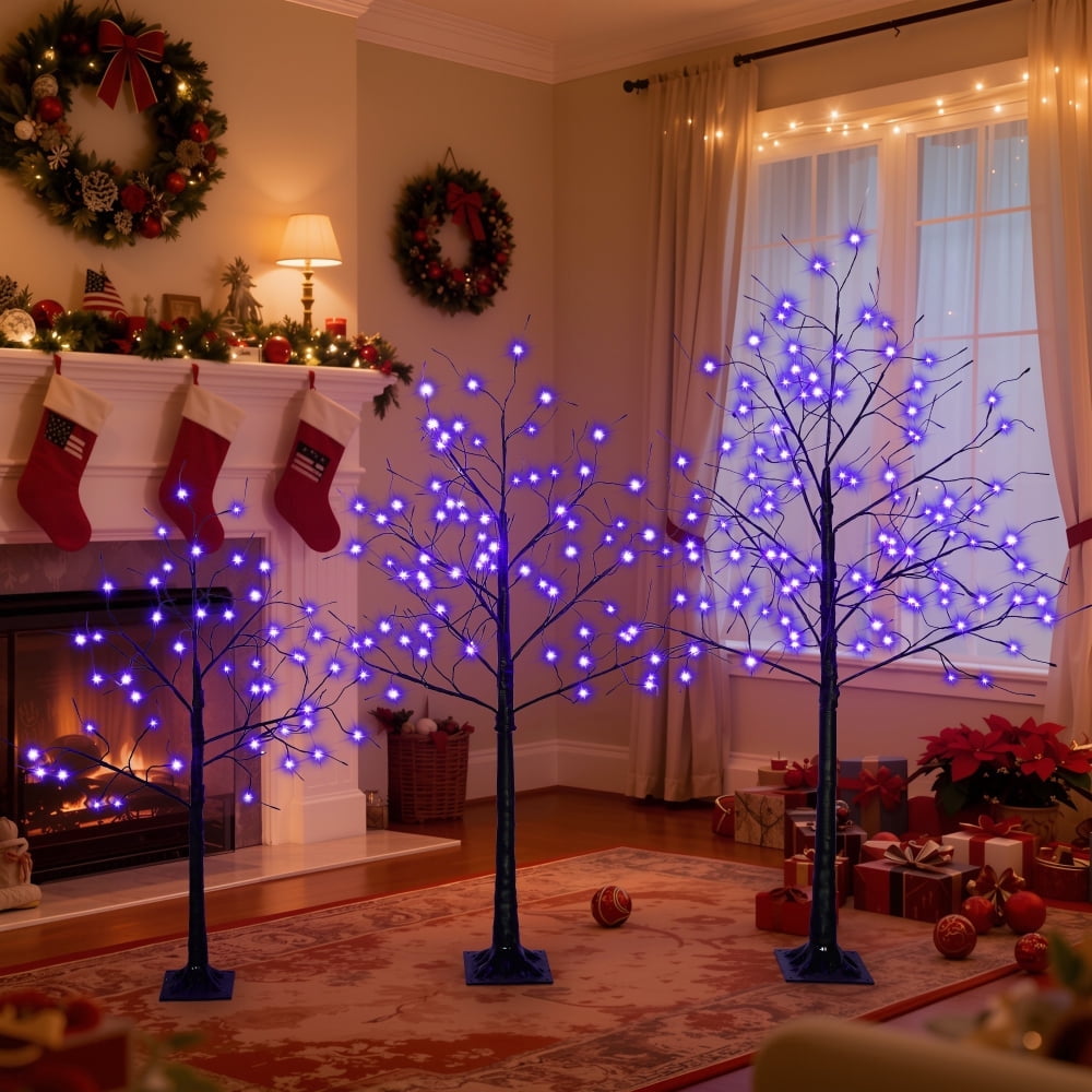 3-Pack Black Adjustable Branches Trees with Purple LED Lights, 4FT 5FT 6FT Pre-Lit Spooky Tree Set for Indoor Halloween Christmas Decor