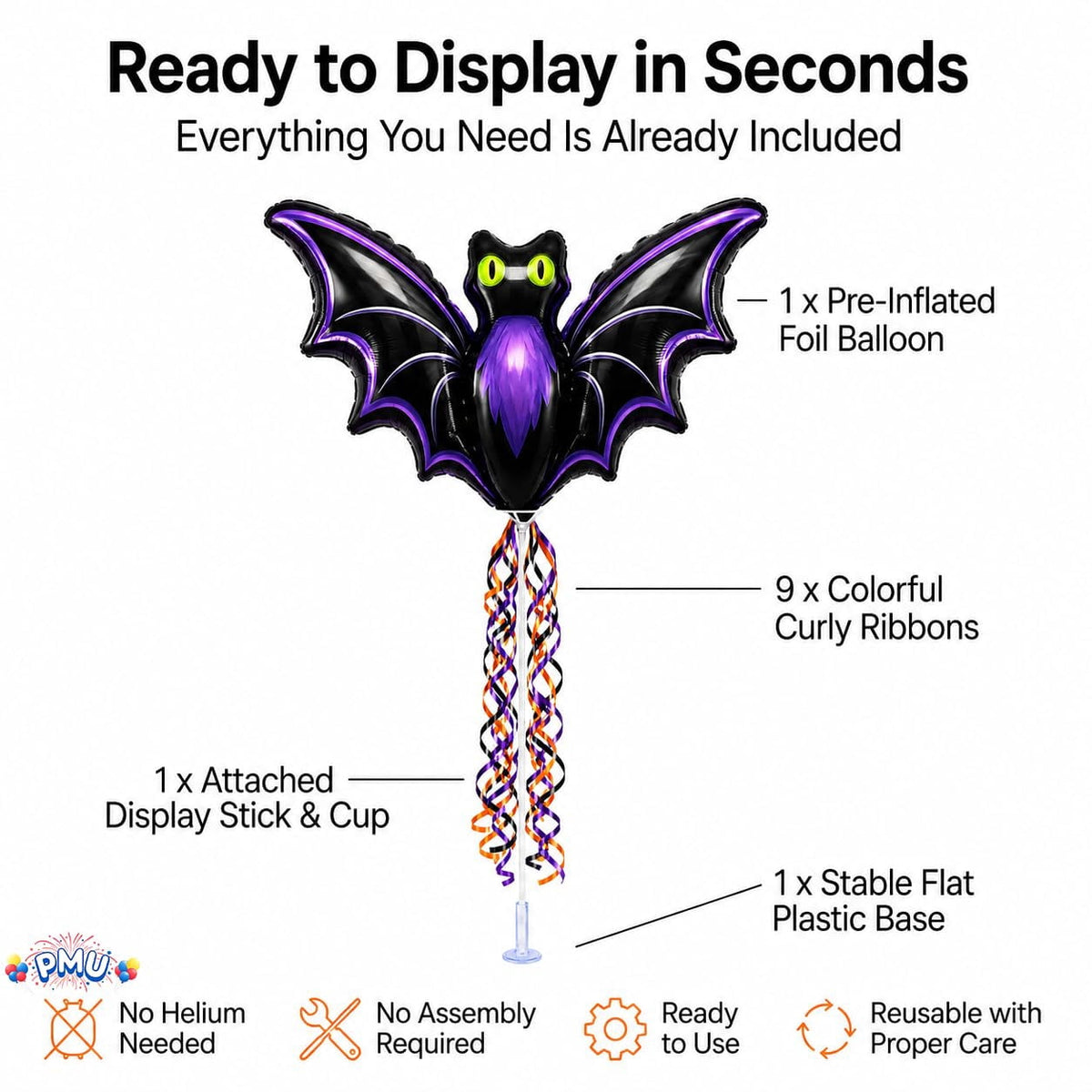 PMU Halloween Pre-Inflated Balloons "Whimsical Pumpkin" 9 Inch Air-Filled Pre-inflated with a Cup and a Stick (1/Pkg) Pkg/1