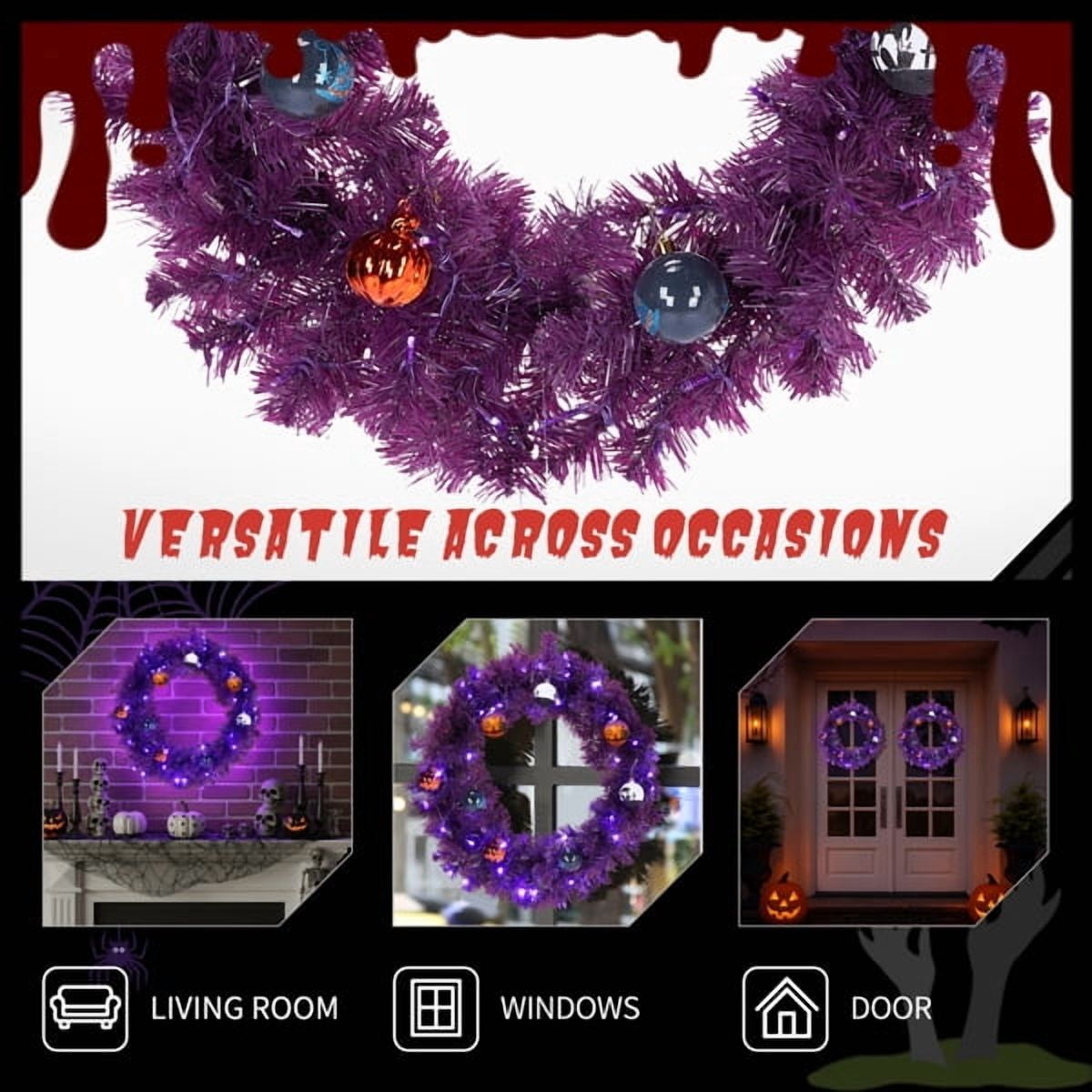 Alvantor 24 in Pre-Lit Halloween Wreath with 50 Purple and Orange LED Lights, 100 PVC Tips, DIY Ball Ornaments, Battery Powered, Purple