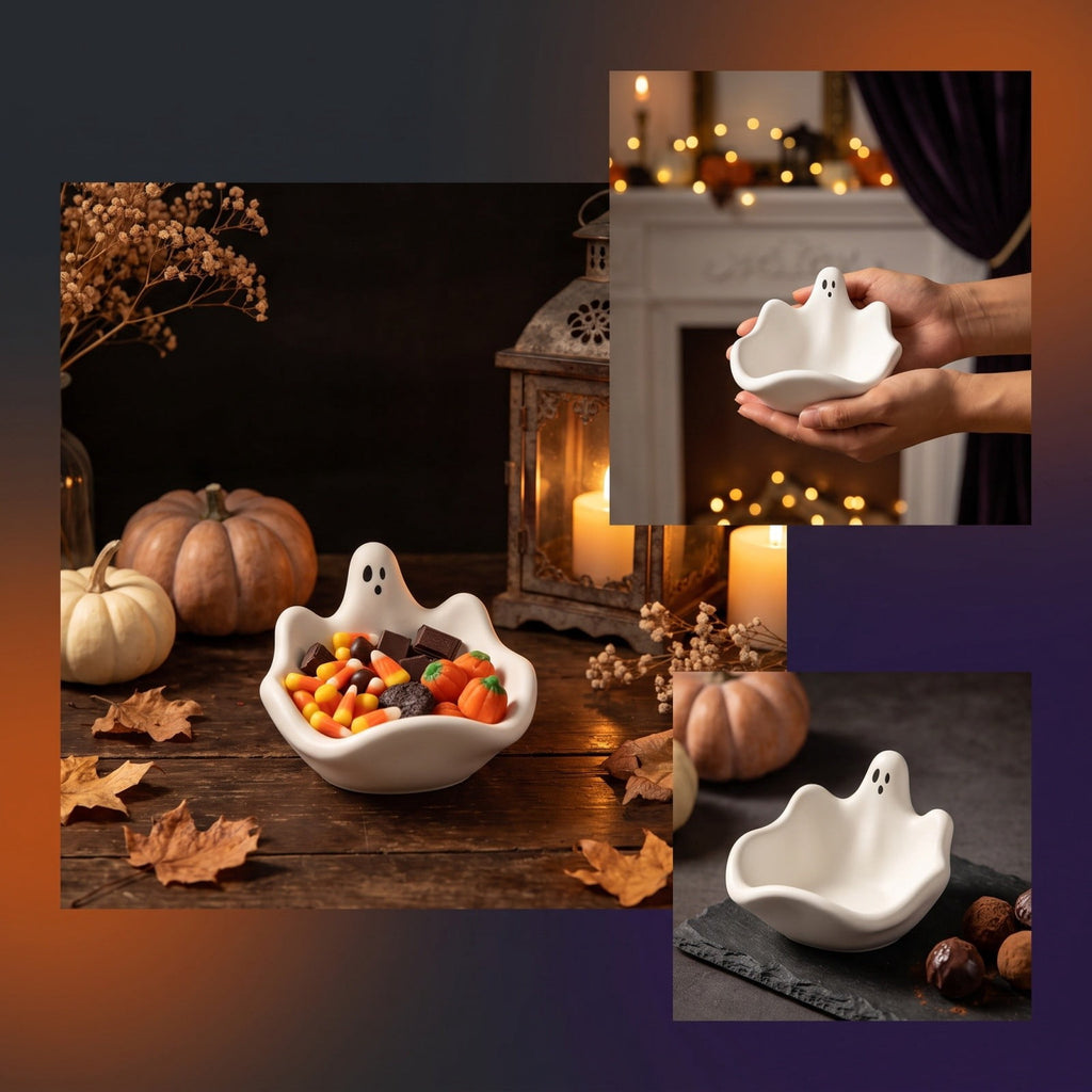 Diceymbol Halloween Pumpkin Snack Bowl Stand Collapsible Broomstick Candy Tray for Cupcakes & Desserts, Resin Serving Platter with Ceramic Pumpkin Bowls