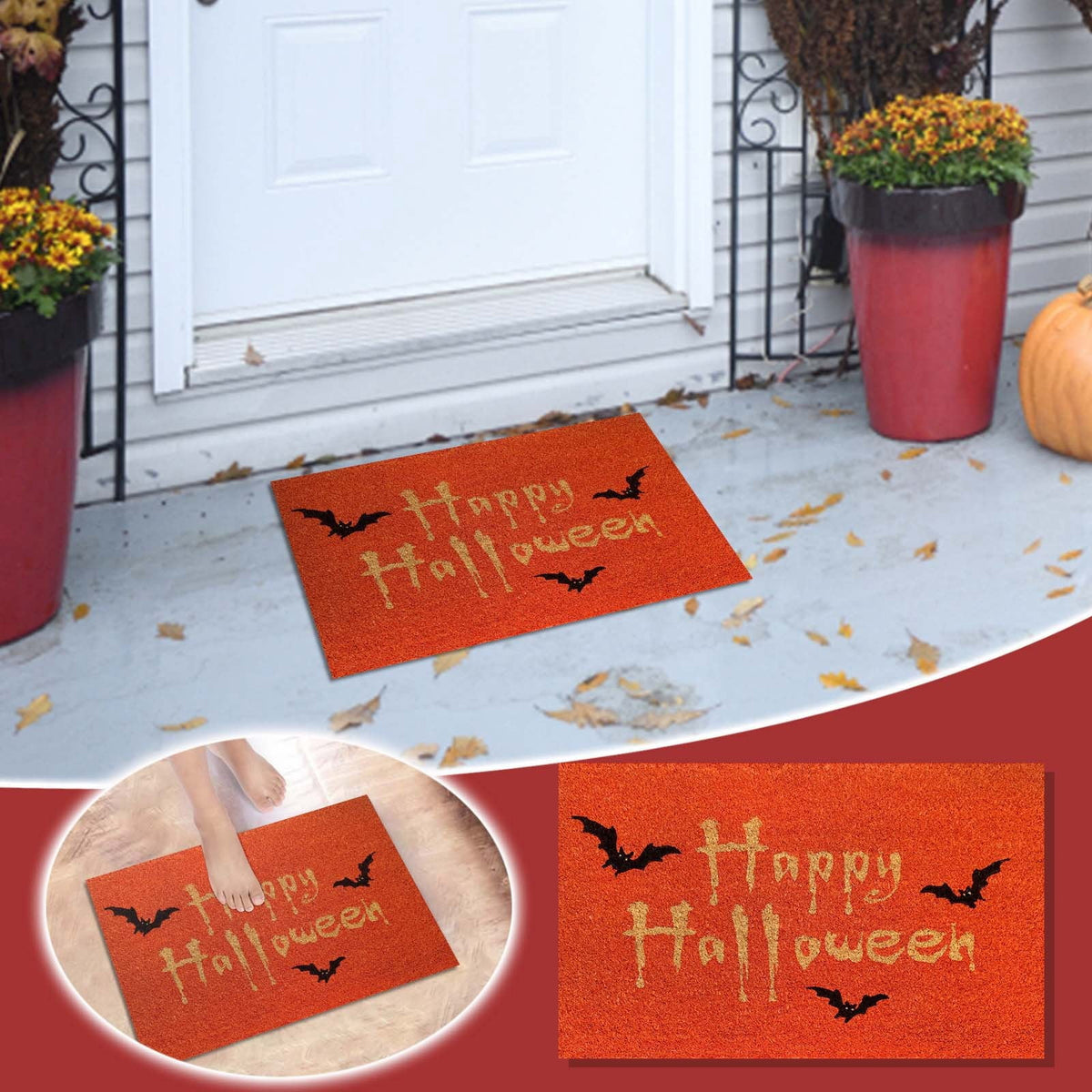 Wovilon Halloween Area Rug Doormat, Black Castle Front Door Mat Non Slip Rubber Backing, Happy Halloween Orange Indoor Outdoor Entrance Mats, Halloween Home Decor Outdoor Rug, 16 X 24 Inches