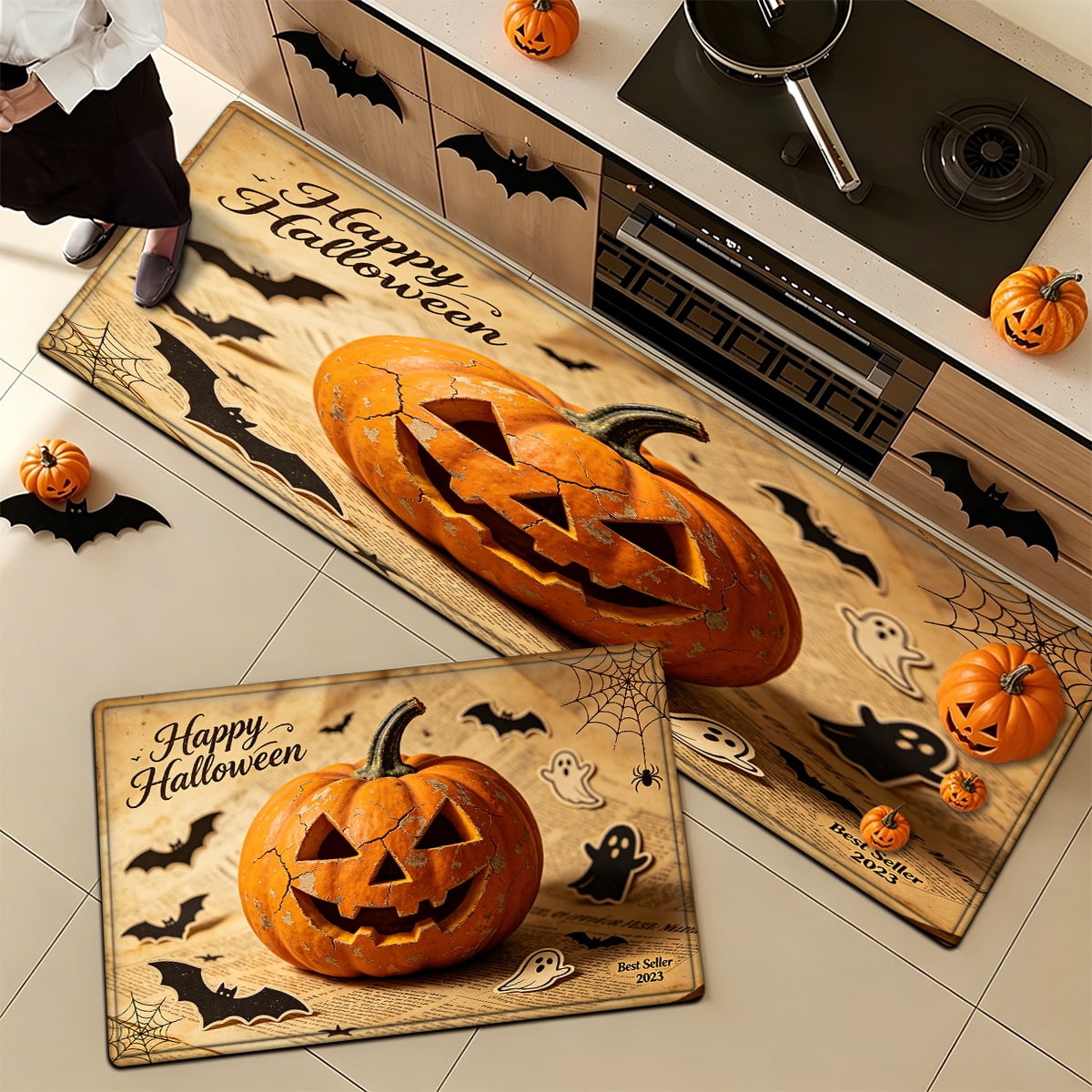 YIMEIS Halloween Neon Pumpkin Lanterns 3Pcs Flannel Mat & Kitchen Rugs Set,Soft Non-slip,16''×24'' 20''×30'' 17''×47'' Inches,for Entryway Bathroom