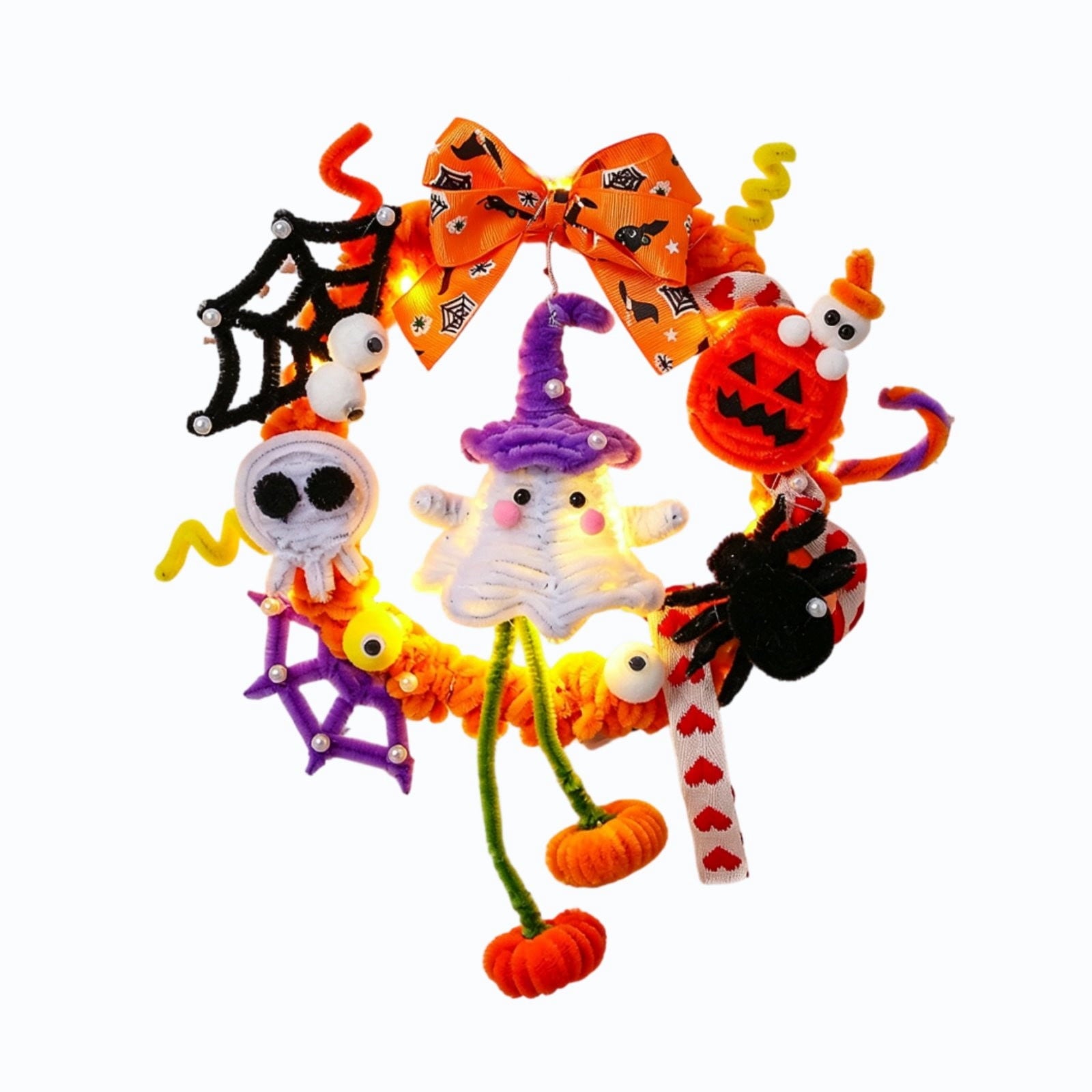 WWC Halloween Wreath, Orange LED Pumpkin and Bats Wreath, Gothic Halloween Decorations Wreath for Front Door, Indoor Outdoor Party Decor