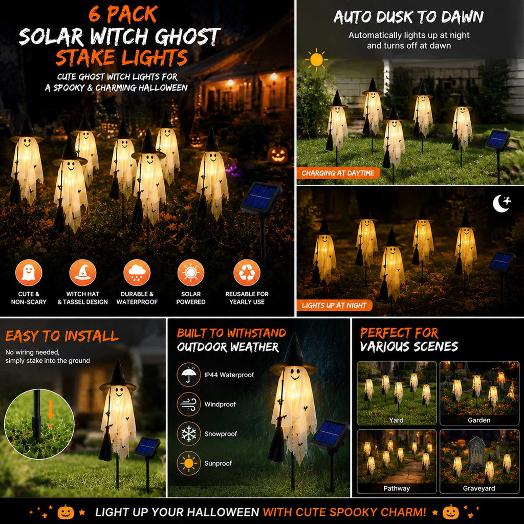 6 Pack Solar Ghost Stake Lights, Halloween Witch Hat LED Garden Lights for Outdoor Yard Garden Pathway and Porch Decor