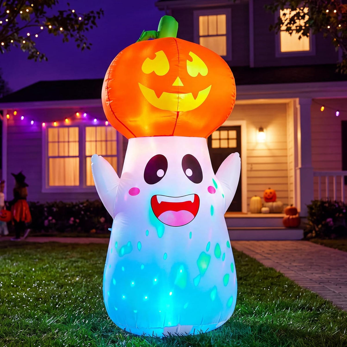 Joyfy 5Ft Halloween Inflatable Pumpkin Ghost with Colorful LED Lights,Halloween Blow Up Cute Decor for Indoor Outdoor Holiday Yard Decoration