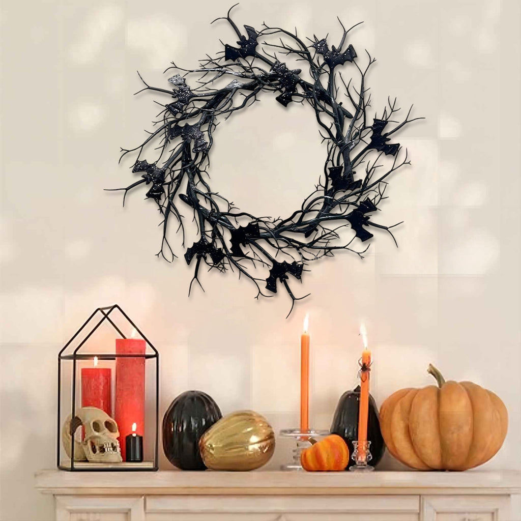 Boovnll Halloween Wreath, 18" Horror & Novelty Handmade Black Twig Glitter Bats Halloween Wreaths for Front Door Fireplace Wall Porch Party Decor, Halloween Decorations