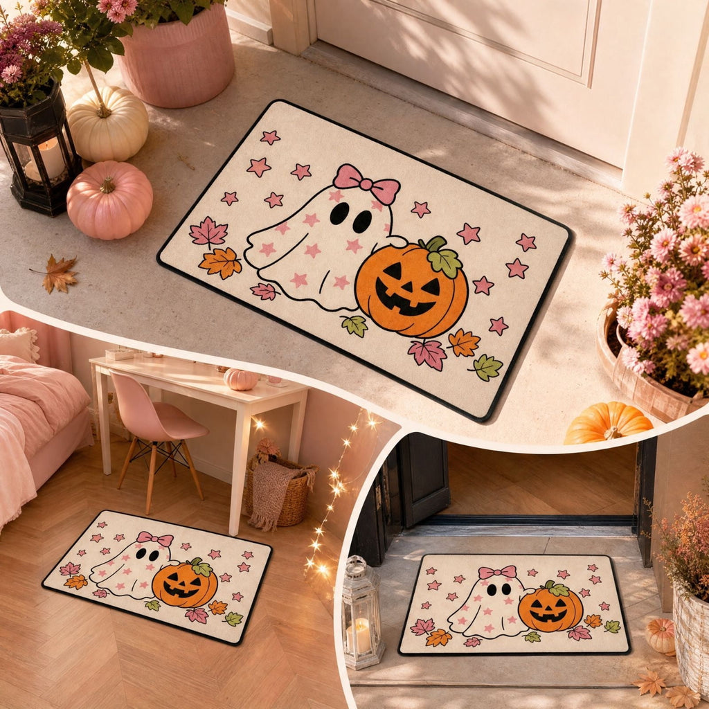 Halloween Doormat Ghost Bath Mat 23.6x15.7in Secure-Grip Absorbent Soft Faux Fur Rug for Bathroom Bedroom Living Room Decor by OVFUIZ
