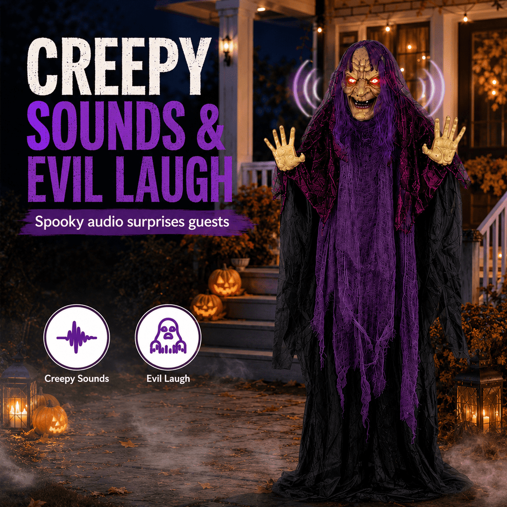 Romswi Halloween Decorations 5ft Standing Witch Animated with Light Up Eyes and Sound-Activated for Spooky Yard Garden Decor