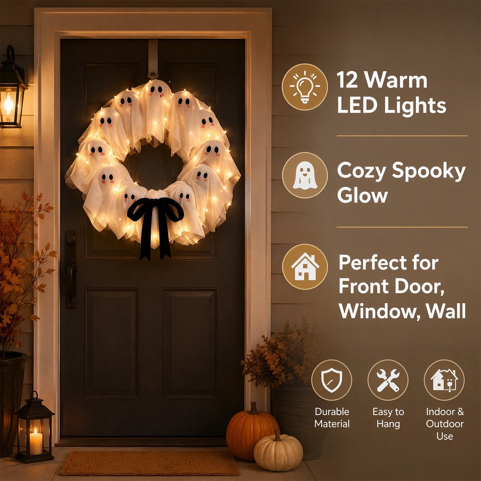 Halloween Glowing Ghost Wreath, Light-up Spooky Wreath with 12 Ghost Decor, RC, 6H Timer, Ideal for Halloween Party (A 12x3inch)